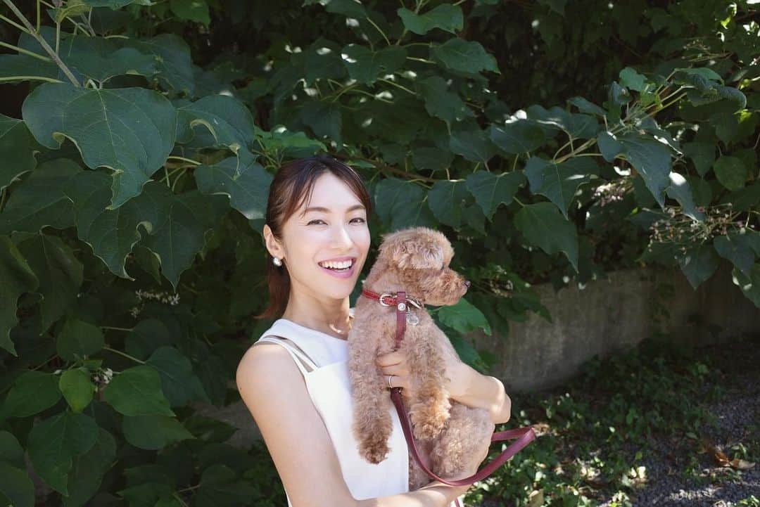 内山理名のインスタグラム：「🌵🫧🐶  家族でおでかけ。  ティンクのことは朝から晩まで何回可愛いと言っているのだろうというくらい全部の行動が愛おしくて。笑  秋冬のお洋服も届き始めていますがもう少し夏服を楽しもう❤︎」