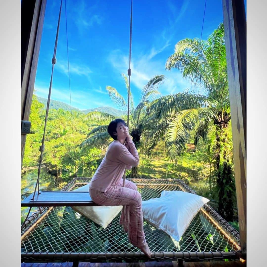 モリヤ・ジュタヌガーンのインスタグラム：「☕️ + PJ + 🌳&🏔️ = 🥰 #momoriya」