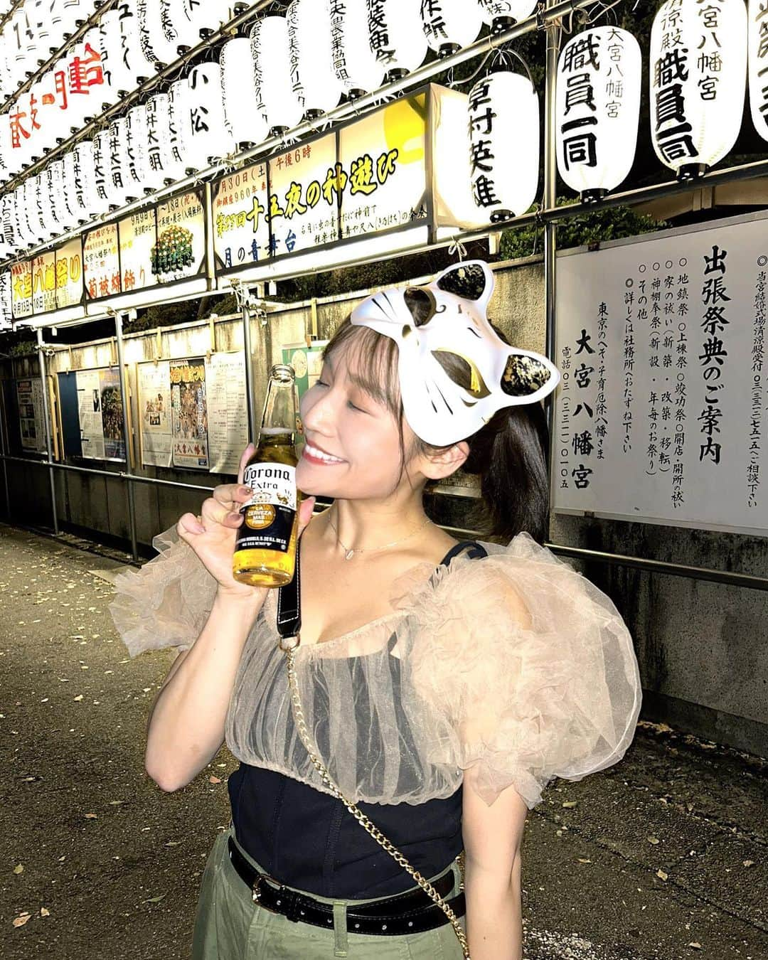 HIKARIのインスタグラム：「🦊🤎  まだお祭りがあると聞いて 遊びに行ってきたよ🌼  急いで向かったから顔うっすいぜ。笑  そいえば髪伸びた〜ポニーテール もうできるっ🐎♪  tops≪ @crayme_official  ゆいさんのお洋服デザイン唯一無二だし 可愛いし最強✌︎  _ #東京 #お祭り #夏の終わりに  #crayme #お面ゲット」