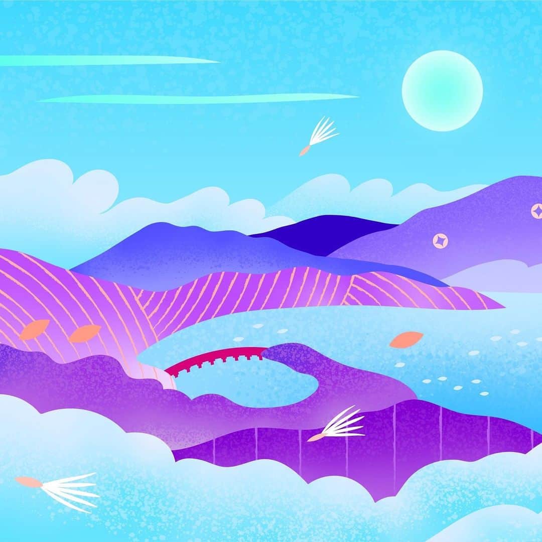 フランセス・スィーヒのインスタグラム：「My design for Uniqlo’s new store in Maebashi, Gunma prefecture, featuring Mt. Akagi, Onuma Lake, and Kitsutsugi bridge.   #digitalillustration #digitalpainting #digitaldrawing #adobeillustrator #abstractlandscape #mountainscape #dreamscape #frankiecihi #赤城山#前橋#群馬」