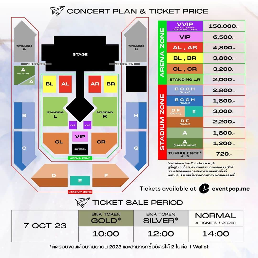 BNK48さんのインスタグラム写真 - (BNK48Instagram)「[🤍🛫] #BNK48_DepartCHER  ✈️ BNK 072 ➡️ SHN 4812  「𝑫𝑬𝑷𝑨𝑹𝑻’𝑪𝑯𝑬𝑹」 – Cherprang BNK48’s Graduation Concert –  DATE: 29 OCT 2023 TIME: 15:00 VENUE: Thunder Dome, Muang Thong Thani  🎫 150,000 / 6,500 / 4,800 / 3,800 / 3,200 / 3,000 / 2,800 / 2,200 / 2,000 / 1,800 / 1,200 / 720 THB Ticket Sale: 7 OCT 2023  หมายเหตุ: - ข้อจำกัดของโซน Turbulence A, B ผู้ที่อยู่ในโซนนี้จะไม่สามารถรับชมการแสดงบนเวทีได้ ท่านจะไม่ได้รับอรรถรสในการรับชมอย่างเต็มที่ แต่ท่านจะได้รับชมเบื้องหลังการทำงานของคอนเสิร์ตนี้ - ผู้ถือ BNK Token Tier Gold และ Silver ตัดรอบของเดือนกันยายน 2023 และสามารถซื้อบัตรได้ 2 ใบต่อ 1 Wallet - ในรอบ Normal สามารถซื้อบัตรได้ 4 ใบต่อ 1 Order - สำหรับ Standing Zone จะเรียงลำดับการเข้างานตามลำดับการชำระเงิน หากท่านทำ Wristband สูญหายไม่ว่ากรณีใด ๆ ทางผู้จัดงานจะไม่รับผิดชอบและจะไม่ออก Wristband ให้ใหม่ในทุกกรณี - เงื่อนไขต่าง ๆ อาจมีการเปลี่ยนแปลงได้ตามความเหมาะสมและตามสถานการณ์  #CherprangGraduationConcert  #CherprangBNK48  #BNK48」9月19日 21時30分 - bnk48