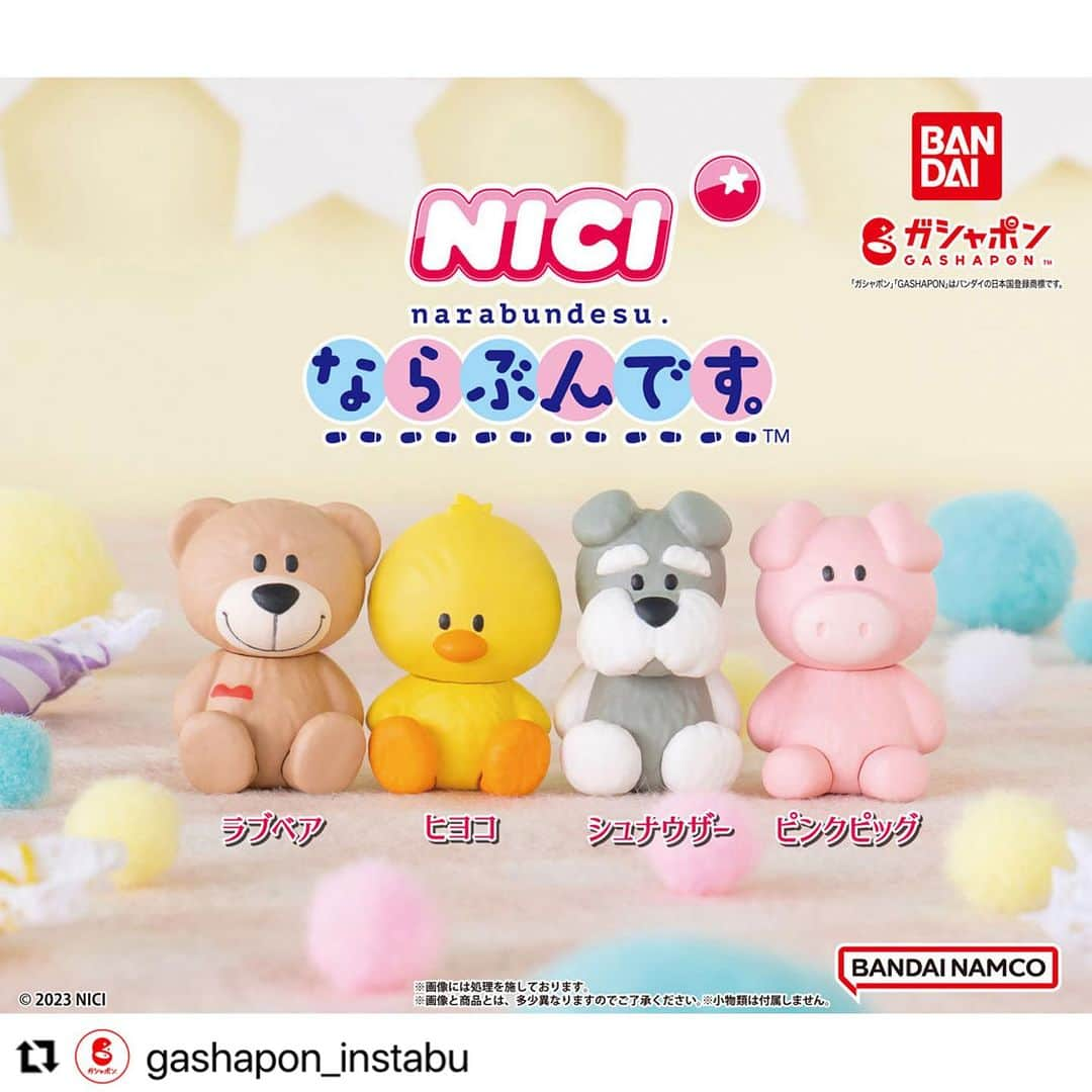 NICI JAPANのインスタグラム：「. バンダイ様から「ならぶんです。NICI」が全国のガシャポン自販機で販売開始となりました🥳🎉  とってもかわいく作ってくださったバンダイ様に感謝です🫶✨ 是非全種類GETしてくださいね😊💕  ▼販売店舗・在庫状況は @gashapon_instabu プロフィールのURLからご確認いただけます。  #Repost @gashapon_instabu with @use.repost ・・・ 「ならぶんです。NICI」各400円(税込)、 全国のガシャポン自販機で販売開始！  世界中で親しまれている大人気ぬいぐるみブランド「NICI（ニキ）」がならぶんです。シリーズについに登場♪  【ラインナップ】全4種 #ラブベア #ヒヨコ #シュナウザー #ピンクピッグ  ▼販売店舗・在庫状況はプロフィールのURLから。 （掲載されているのは一部店舗です。） @gashapon_instabu  #ならぶんですNICI #NICI #ニキ #ならぶんです #カプセルトイ #capsuletoy #ガシャポン #gashapon #バンダイ #BANDAI」