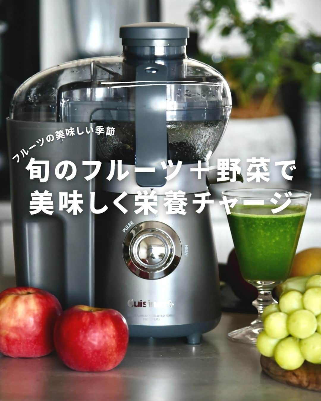 Cuisinart(クイジナート)ジャパン公式アカウントのインスタグラム：「🍎秋はフルーツの美味しい季節🍇  クイジナートの「コンパクト ジューサー＆ブレンダー」で、おうちで簡単に旬のフレッシュジュース作り✨  高速回転で食材の水分とファイバー（絞りかす）を振り分ける「ジューサー」を使用すれば、のどごしサラサラ100%ジュースをあっという間に作ることができます。  りんごやブドウは皮ごとOK！ 果物以外に冷蔵庫に余った葉野菜なども入れてグリーンジュースにすれば、 旬の味覚を楽しみながら美味しく野菜不足も解消できますね♪  シンプル構造でお手入れ簡単。 毎日飽きずにお使いいただけます。  💁今日はどのフルーツでジュースを作ろうかな〜 みなさんの好きな秋のフルーツをコメント欄で教えてください！  ・。・。・。・。・。・⁣  📷Photo：  @reiko.t.table  ⁣Item：コンパクト ジューサー＆ブレンダー 🔍CBJ-450J  ⁣・。・。・。・。・。・⁣  ーーーーー クイジナート公式HPでは、毎日の料理が楽しくなる様々な製品情報やレシピを公開中♪ 詳しくはプロフィールのリンクから！ ▶️ @cuisine_art ーーーーー ⁣ #クイジナート #cuisinart #クイジナートのある生活 #クイジナートLOVE #ジューサーのある生活 #暮らしを楽しむ #スムージー生活 #ブレンダー #ブレンダーのある生活 #ブレンダーのある暮らし #ブレンダー大活躍 #ジューサー #調理家電 #時短レシピ #簡単レシピ #スムージーレシピ #おうちカフェ #ジューサー #フルーツジュース #リンゴジュース #スムージー作り #ジュース作り #シャインマスカット #野菜を食べようプロジェクト #フレッシュフルーツジュース　#ジュース #スムージー好き #野菜ジュース #フレッシュスムージー #野菜スムージー」