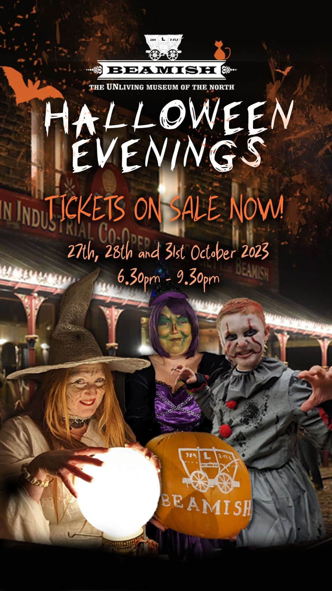 ベーミッシュ美術館のインスタグラム：「HALLOWEEN AT BEAMISH  Tickets on sale now! (Tuesday, 19th September 2023) online.  Get ready for a frightfully fantastic evening with Beamish Museum’s Halloween Evenings on 27th, 28th and 31st October 2023, from 6.30pm to 9.30pm. Join us for a special spine-tingling experience as Beamish is transformed into The Un-living Museum of the North…  This is a separate ticketed evening event – Beamish Unlimited Passes and Friends of Beamish memberships are not valid for evening events.  Halloween Evening ticket prices Adult £19 Child (2-16 years) £12.50 Find out more at: https://www.beamish.org.uk/events/halloween-evenings-2023/ Website link in bio.」