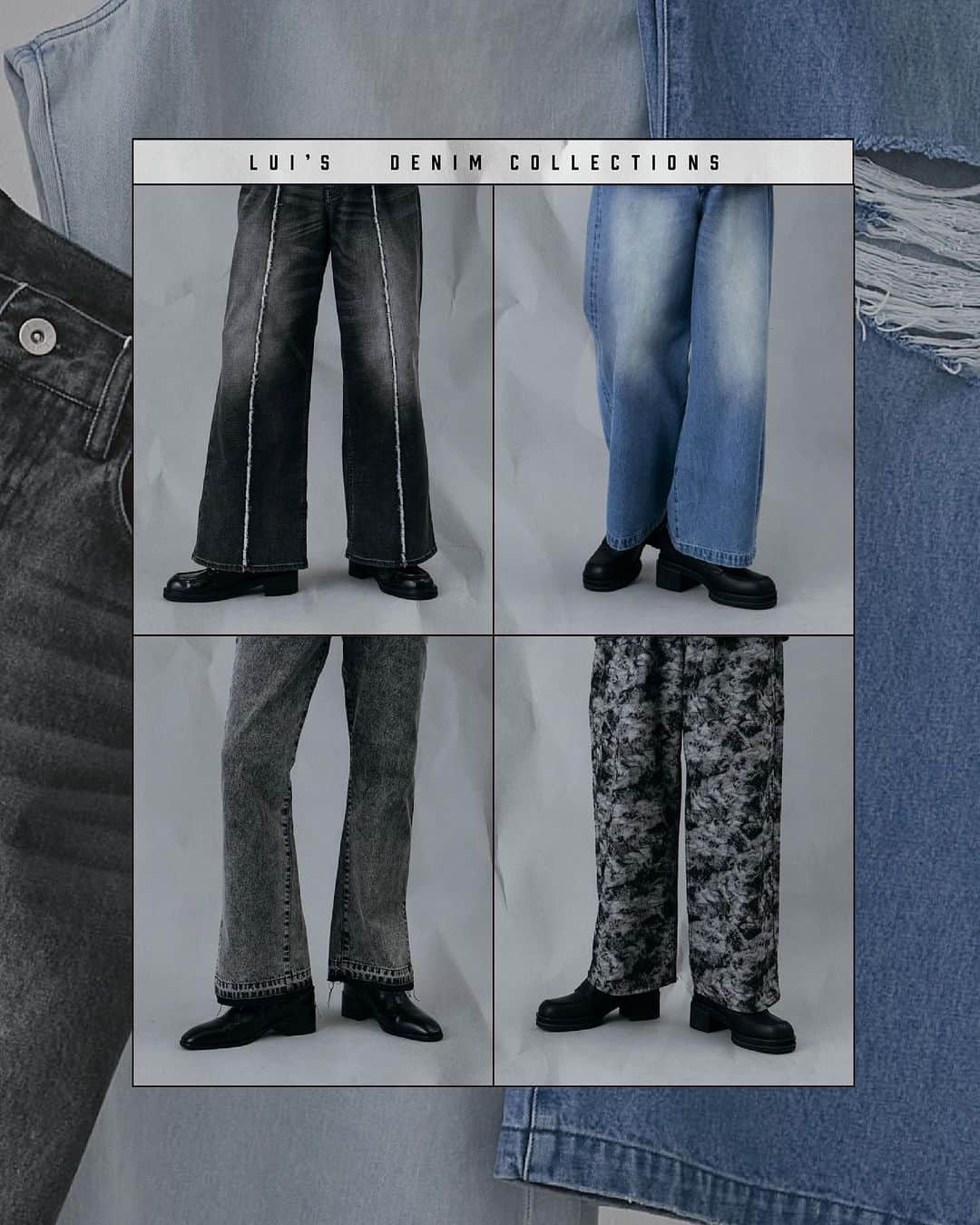 のインスタグラム：「DENIM COLLECTION  1. ジャガードワイドデニムパンツ  2. ジャガードワイドデニムパンツ  3. ピンタックフリンジストレートデニムパンツ  4. スリットセミフレアデニム  #デニムコーデ #デニムパンツ #ワイドパンツ #ワイドデニム #フレアパンツ #フレアデニム #メンズファッション #メンズコーデ #メンズコーデ」