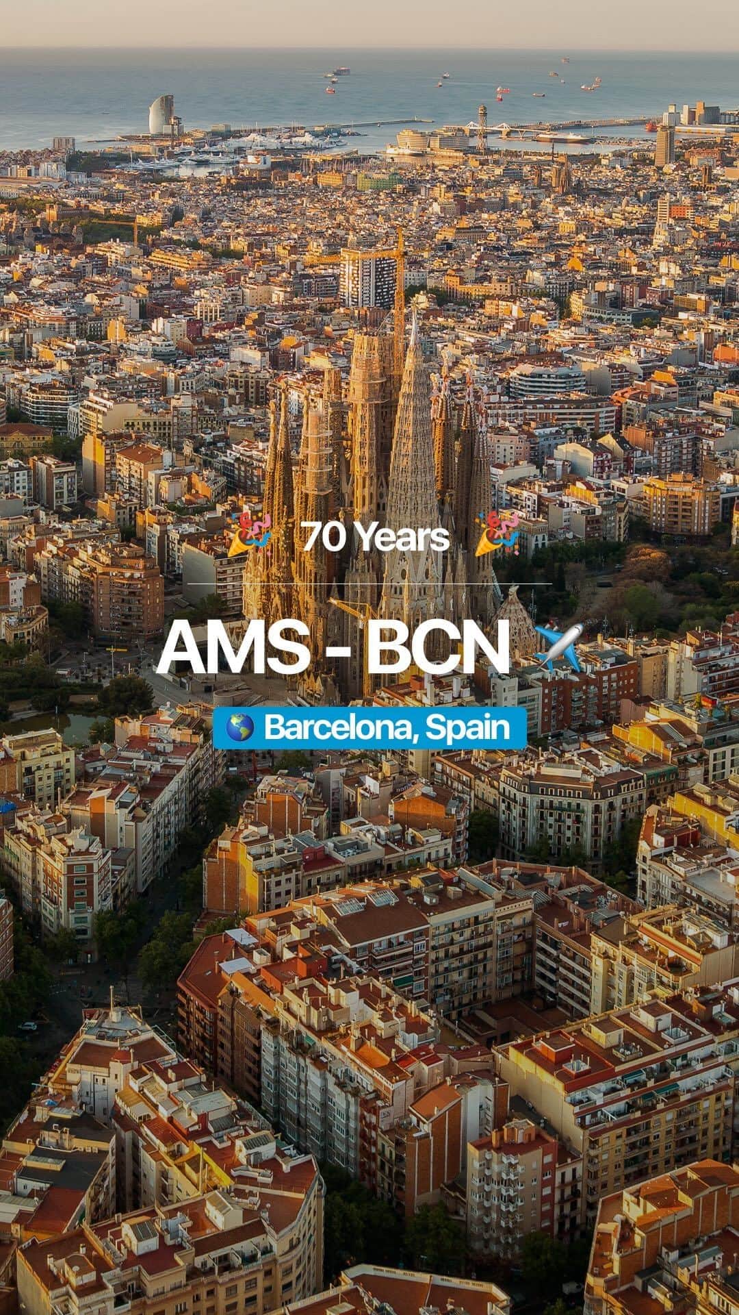 KLMオランダ航空のインスタグラム：「Today, we celebrate 70 years of flying between Amsterdam and Barcelona! 🎉💙✈️ #KLM #RoyalDutchAirlines #BCN #barcelona #Spain #anniversary」