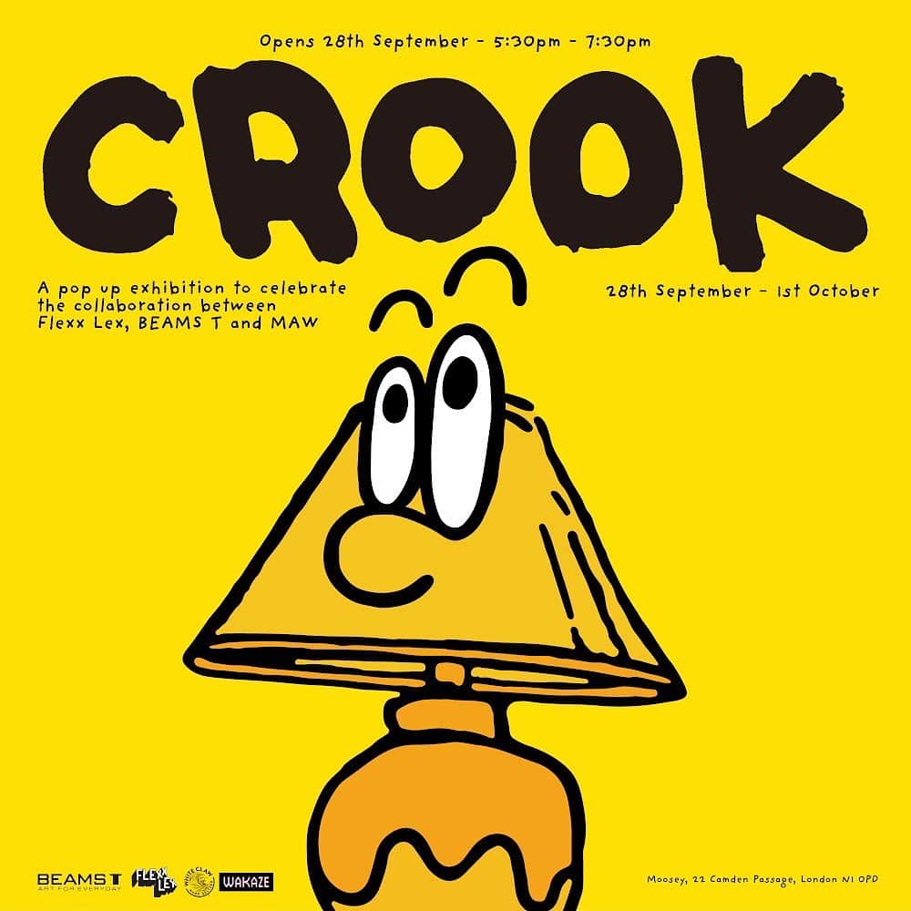 のインスタグラム：「… MAW  EXHIBITION in LONDON 『CROCK』 at MOOSEY ART 9.28（Thu）-10.1（Sun）  過去2回の海外企画を成功させた〈BEAMS T〉が、第3弾として東京を拠点に活動するアーティスト「MAW」をパートナーに迎え、ロンドンの『MOOSEY ART』でアートショーを開催します。今回の舞台となる『MOOSEY ART』は、2013年にノリッジでスタート。「FLEXX LEX」がかつて働いていた同ギャラリーは、国内外の新鋭アーティストをいち早く発信し、その類稀な審美眼とキュレーションにより、数々の作家を最前線まで引き上げてきました。〈BEAMS T〉、FLEXX LEXの双方にリレーションのあるMAWの架け橋により実現した本展は、「まがる」「ねじれる」「不正直」「ひねくれた」などの意味を持つ“CROOK”をテーマに企画しています。MAWが描くアイコニックなキャラクター「MikeL（マイケル）」の作品の展示・販売に加え、MAWのアートワークを落としたカプセルコレクションを同時リリース。Tシャツやフーディーと共に、ブランケットやピンバッジ、フィギュアなどもラインアップするほか、FLEXX LEXのアイコニックなスクリーンプリントも限定販売します。  @___maw___ @mooseyart @flexx_lex @beams_offcial @beams_t #maw #mooseyart #flexxlex #beams #beamst #crock」