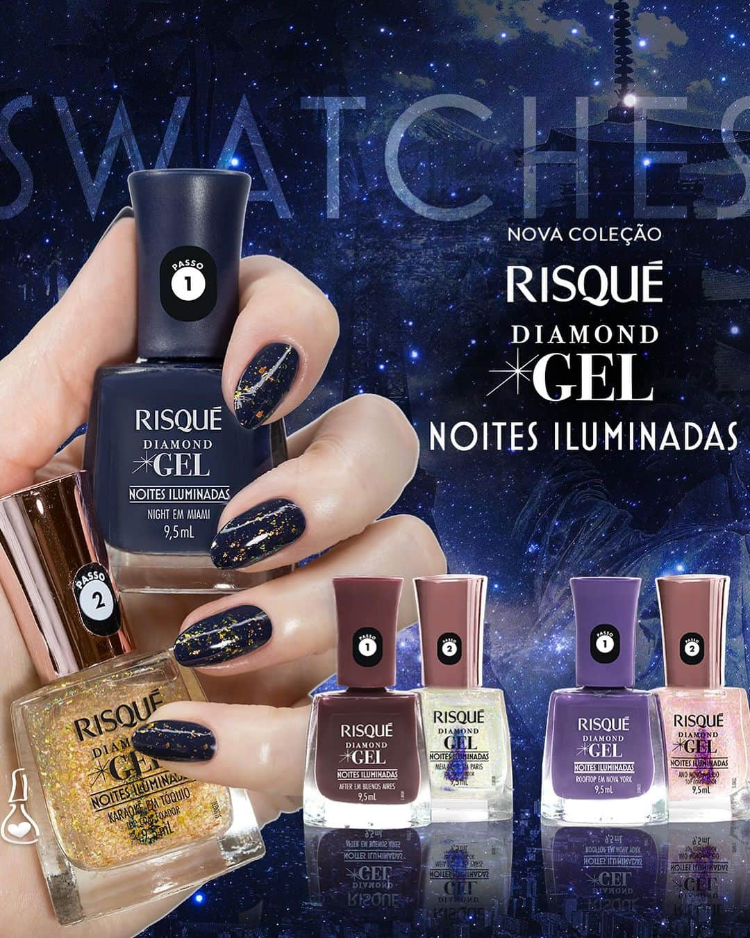 Risqueのインスタグラム：「Conheçam Risqué Diamond Gel Noites Iluminadas! Linha especial da coleção que conta com três novos tons cremosos e três top coats com efeito "noite estrelada" ! Acabamentos flocados lindos de viver! Corre para o blog que tem muitas fotos e todas as informações da nova linha!  #risquédiamondgel #DiamondGelNoitesIluminadas」