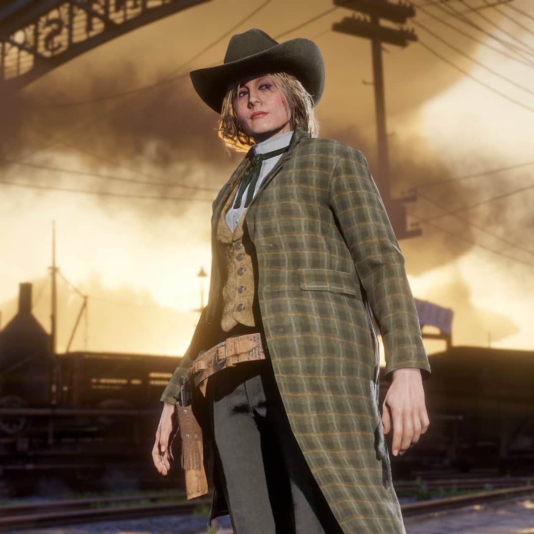 ロックスター・ゲームズのインスタグラム：「YouTuber @nexus7rachtyrell creates fantastic outfits accompanied by cinematic visuals of the ensembles out and about in the world of Red Dead Online.  Recreate one of Carly’s dapper creations, seen here, by claiming free items and accessories from Tailors statewide and the pages of the Wheeler, Rawson & Co. Catalogue through October 2. Visit the link in our bio to learn more.」