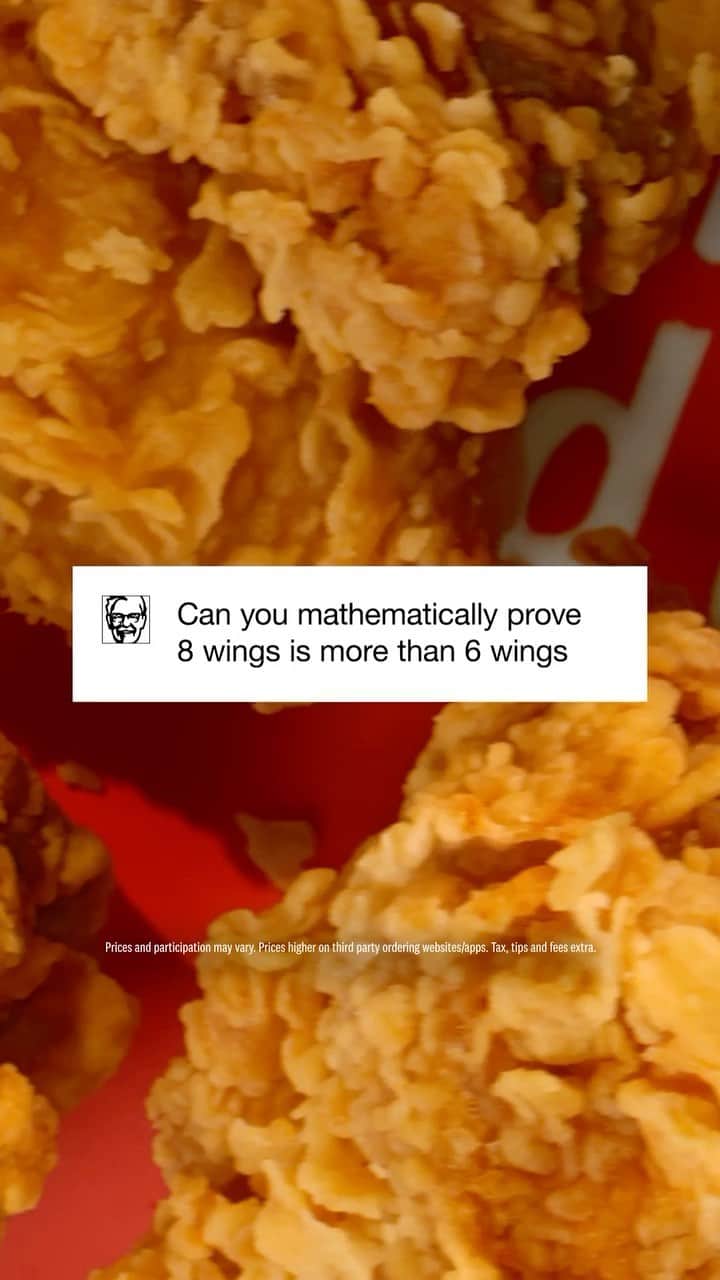 ケンタッキーフライドチキンのインスタグラム：「KFC has 8 wings for $4.99. @popeyes has 6 for $5.99. You do the math.」