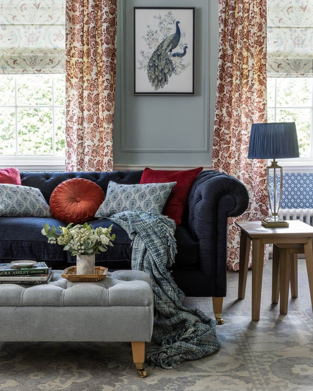 ローラアシュレイのインスタグラム：「This story features some of the brands most iconic prints such as the heritage inspired Whitebrook print, creating the perfect balance of a welcoming home feel and eclectic elegance.⁣ ⁣ Inspired by Bernard Ashley’s time in India, the influence of the Middle East on the couples design style, can be traced back to when they started printing patchwork and head scarves at their kitchen table in the early 1950’s.」