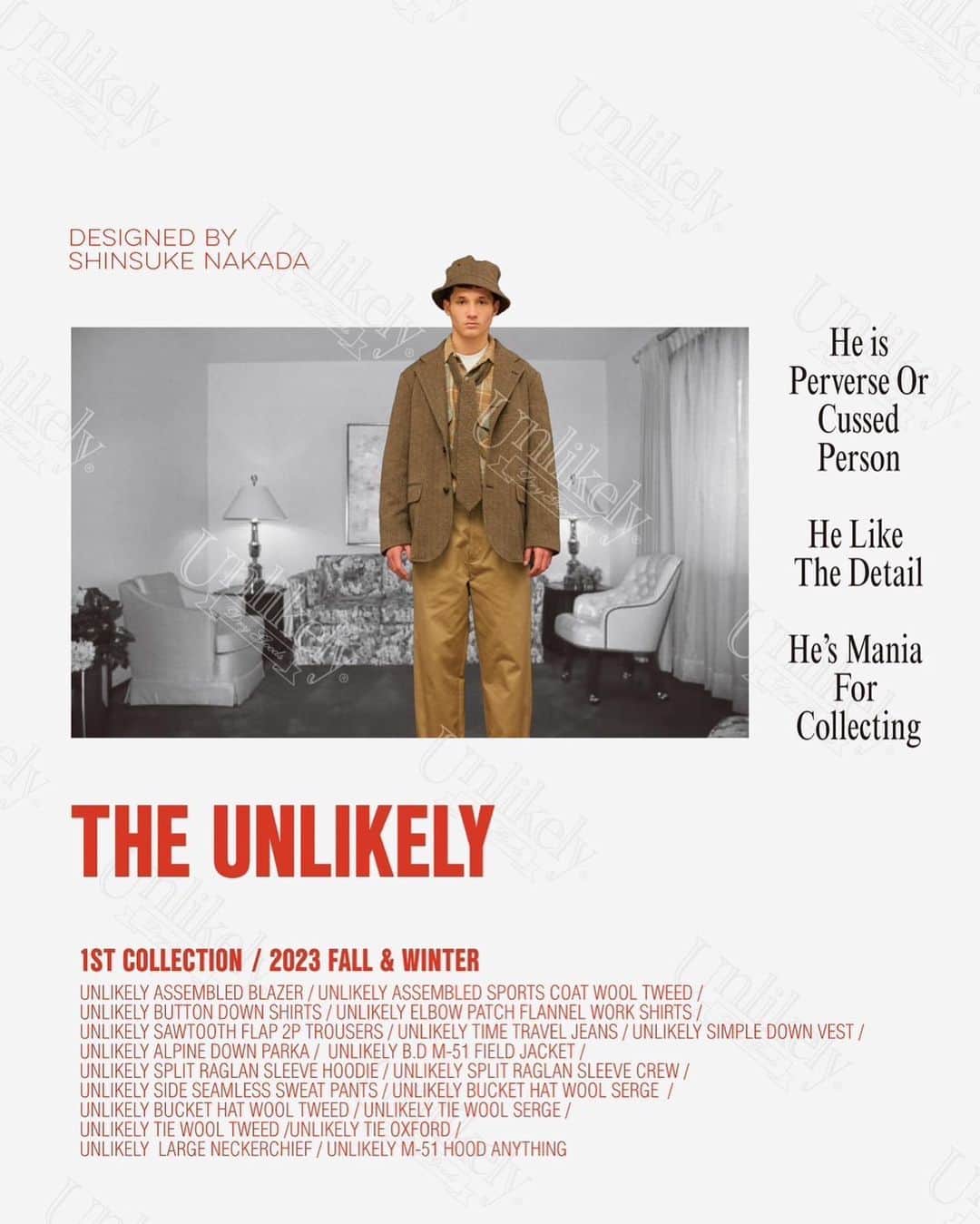 のインスタグラム：「. Unlikely（アンライクリー） @unlikely_drygoods  . 2023年東京。クリエイティブ・ディレクター中田慎介氏により設立。 UNLIKELY（“ありそうにない、～しそうにない”）をカタチにした天邪児でポップな解釈が詰まったプロダクト。 アメリカンユニフォームをベースに各年代を往来しなから、様々な機能を解体、加減乗除しなから現代的に再構築する。  ブランドの1st COLLECTION である2023 Fall&Winter は、様々な年代のスポーツコートの特徴を組み合わせたネイビーブレザーやツイードジャケット、5ポケットシーンズの名品達を中田氏本人が愛するポイントで編集したデニム、アメリカ軍にも支給される最先端のミリタリーファブリック「EPIC（エピック）」をクラシックアウトドアデザインに掛け合わせたダウンパーカ等、デザイナー本人の定番となるワードローブをアンライクリーに編集したアイテムがラインナップ。  洋服と同生地で作られたハットや大判のネッカチーフ、ネクタイ等のアクセサリー類も並ぶ。 . 中田慎介 (Shinsuke Nakada) @nakadashinsuke  ビームスの仕掛け人として、メンズカジュアル部門の統括ディレクターとして活躍し、2023年3月に独立。 現在は『Unlikely』の他にも自身のブランド『The▲Hermit Club』を手掛け、他にも数々のブランドやショップの外部ディレクションも行っている。 . ビームス プラス 有楽町 2023年 9月23日（土）発売スタート ※一部取り扱いのないモデルもございます . @unlikely_drygoods  @nakadashinsuke  @beams_plus  @beams_plus_yurakucho  #unlikely  #beamsplus」