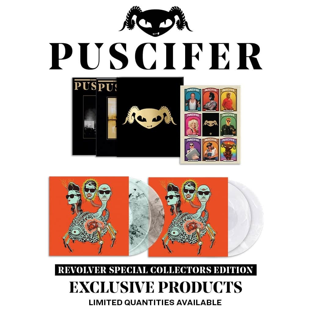 Revolverのインスタグラム：「👽️ Revolver is celebrating Puscifer — Maynard James Keenan's fledgling improv sketch-turned-musical tour de force — with a special collector's issue, exclusive vinyl and limited edition trading cards. ⁠ ⁠ 🔗 Enter the Pusciverse with these highly limited bundles — available now at the link in bio.」