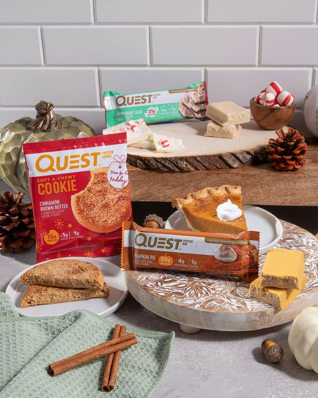 questnutritionさんのインスタグラム写真 - (questnutritionInstagram)「DOUBLE TAP to welcome back Pumpkin Pie & Peppermint Bark Quest Bars & meet the NEW Cinnamon Brown Butter Protein Cookie! 💪😍🙌  👉 Decadent Pumpkin Pie #QuestBar has 20g protein, 4g net carbs, & 1g of sugar. 🎃  👉 Delicious Peppermint Bark has 21g protein, 4g net carbs, & 1g sugar. 🥰  Find both limited time, seasonal #QuestBars online & in stores at QuestNutrition.com, @Target, @Walmart, @Amazon, @VitaminShoppe, @GNCLiveWell, @Albertsons, @KrogerCo, @Publix (Florida), @Wegmans (Northeast), @HEB (Texas), & your local health/nutrition stores nationwide.  👉 Soft, chewy Cinnamon Brown Butter has 15g protein, 1g net carbs, & <1g of sugar. 😋  Find this limited time, seasonal #QuestCookie online & in stores at QuestNutrition.com, Amazon, Walmart, Vitamin Shoppe, & GNC. #OnaQuest #QuestNutrition」9月20日 0時34分 - questnutrition