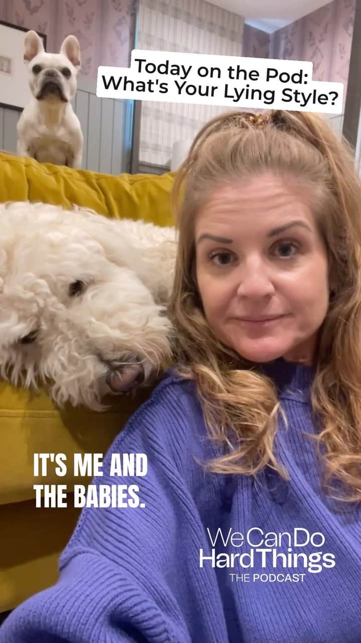 アビー・ワンバックのインスタグラム：「Liar, Liar – All of our pants are on fire!   Turns out the question isn’t “DO you lie?” – but “HOW and WHY do you lie?”  Today’s conversation –  Episode 242. We’re All Liars: What’s Your Lying Style? – is a juicy one!   Listen at the link in bio to hear why Abby’s a Bullshiter; figure out if there is anyone you can be completely honest with; and how – and when – to create the algorithm of honesty.」