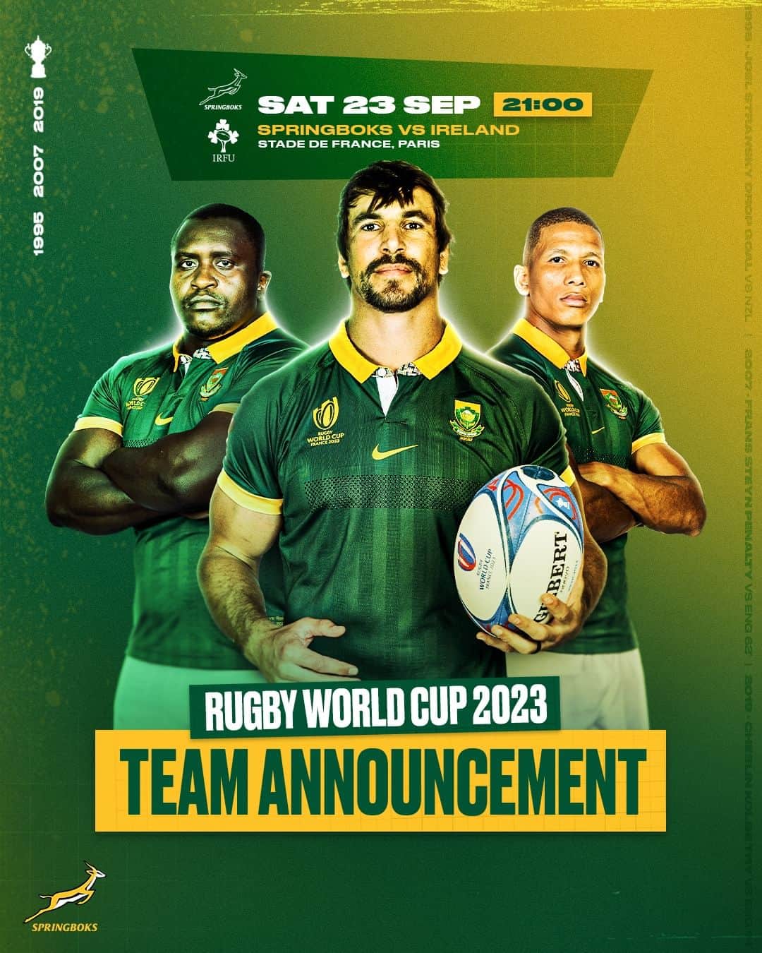 のインスタグラム：「The #Springboks team to face Ireland in Paris on Saturday - full story at the link in our bio 🤝 #StrongerTogether #RWC2023」