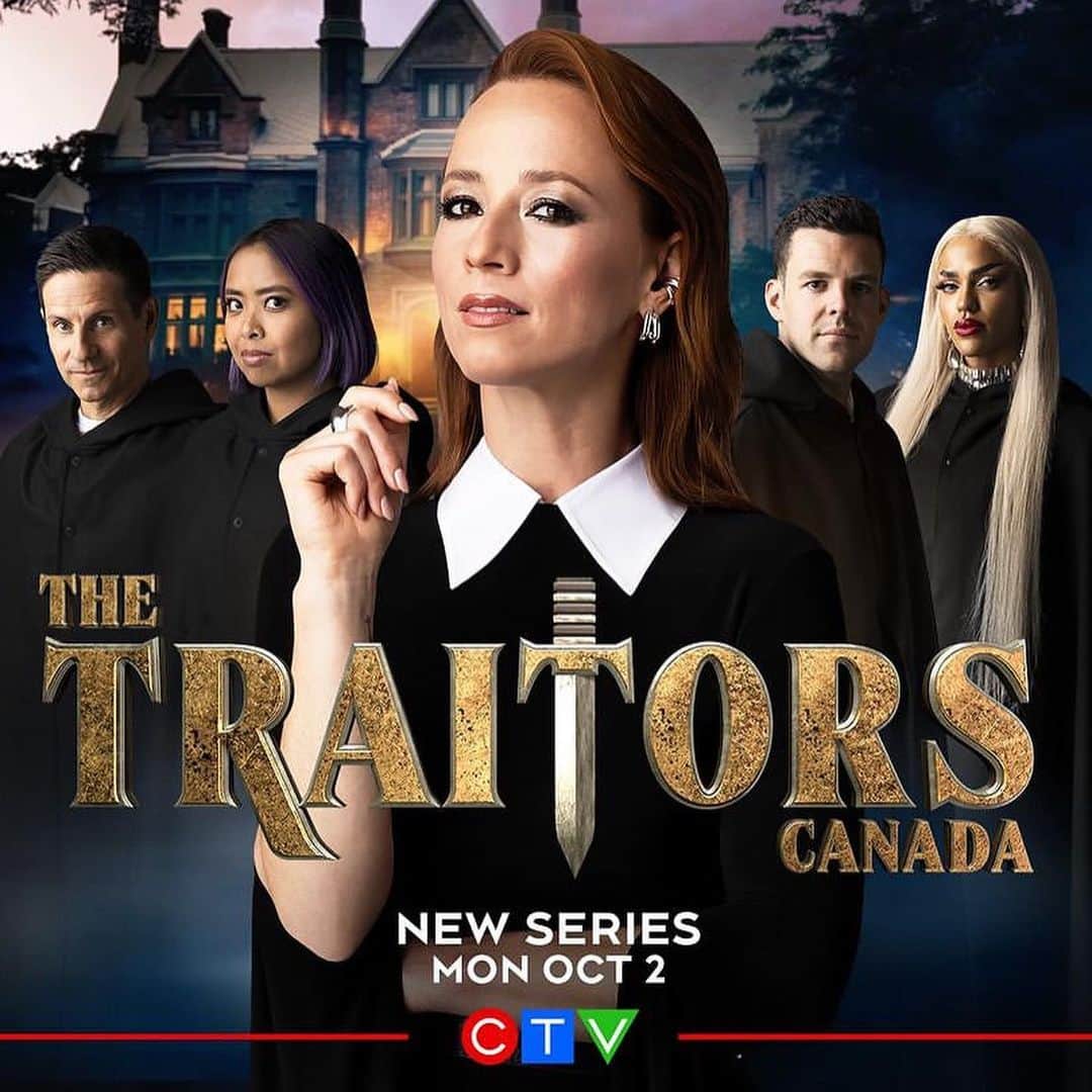 カリーヌ・ヴァナッスのインスタグラム：「Trust no one. Suspect everyone. @thetraitorscanada arrives on @ctv and @cravecanada on Oct 2nd.   This might be the most fun, unexpected and exciting ride I’ve said yes to.  For those who are already aware of the concept of this show, you know what’s coming… for the others, get ready for the biggest murder mystery game 🔪  Our 20 guests will arrive at my Manor very shortly…  📷 @ericmyrephoto」