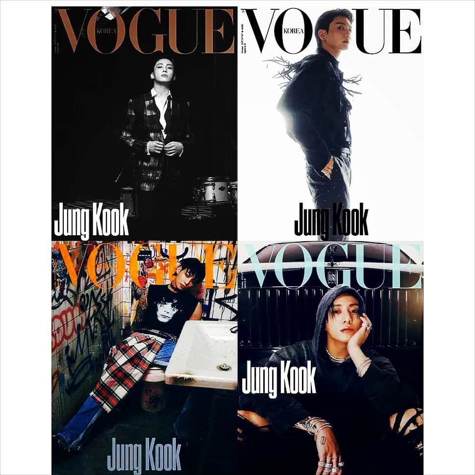 allkpopTHESHOPのインスタグラム：「Vogue Korea Featuring Jung Kook! Visualizing four different music genres: Jazz, Modern Hip Hop, 1970s Punk, and British Rock in the 60s. Each version will include special photos of Jung Kook in that’s cover’s theme.」