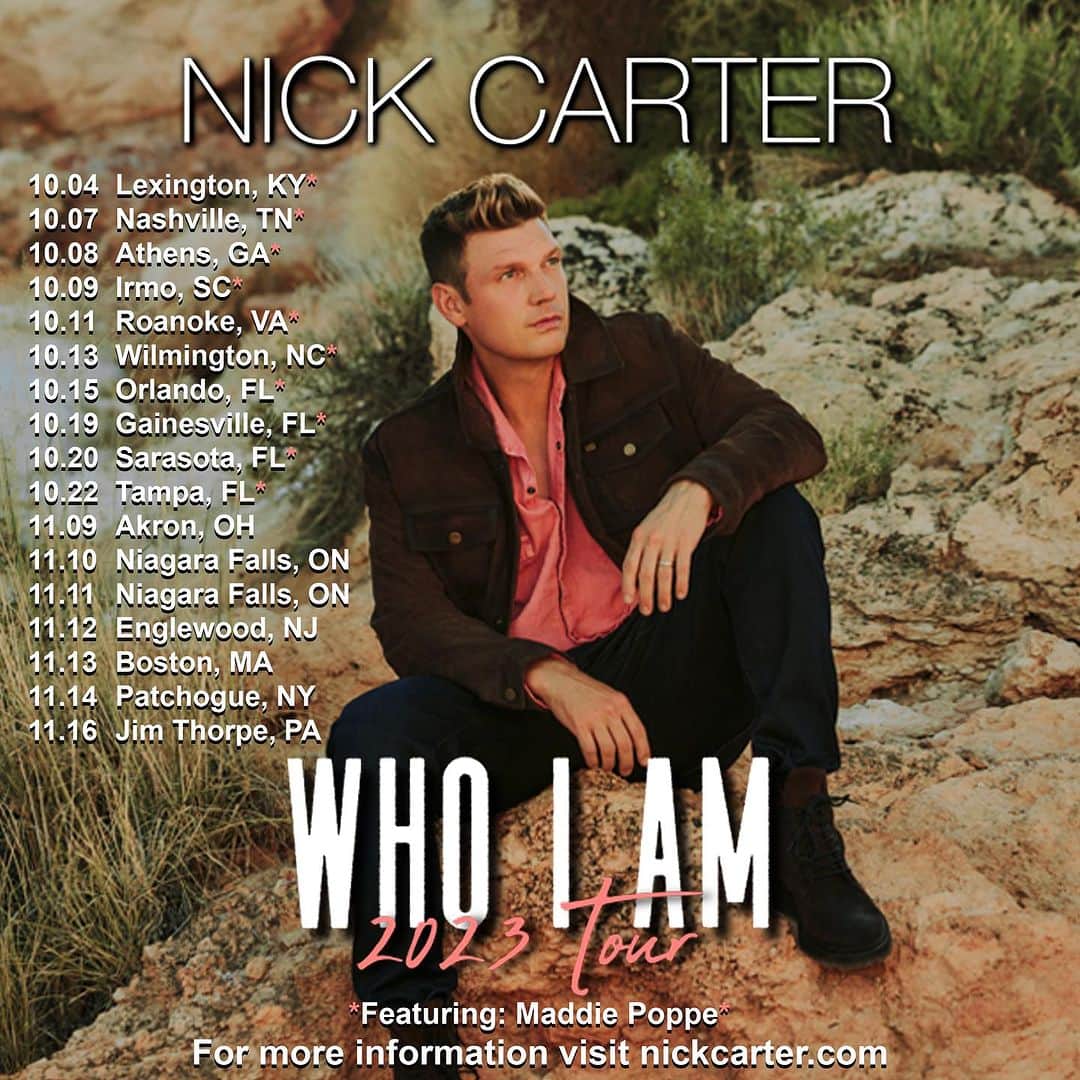 ニック・カーターのインスタグラム：「Here’s the full list of shows for my #WhoIAmTour 🤩 dates without asterisks go on sale this Friday, September 22nd. Get all the info at nickcarter.com Let’s go 🎉」