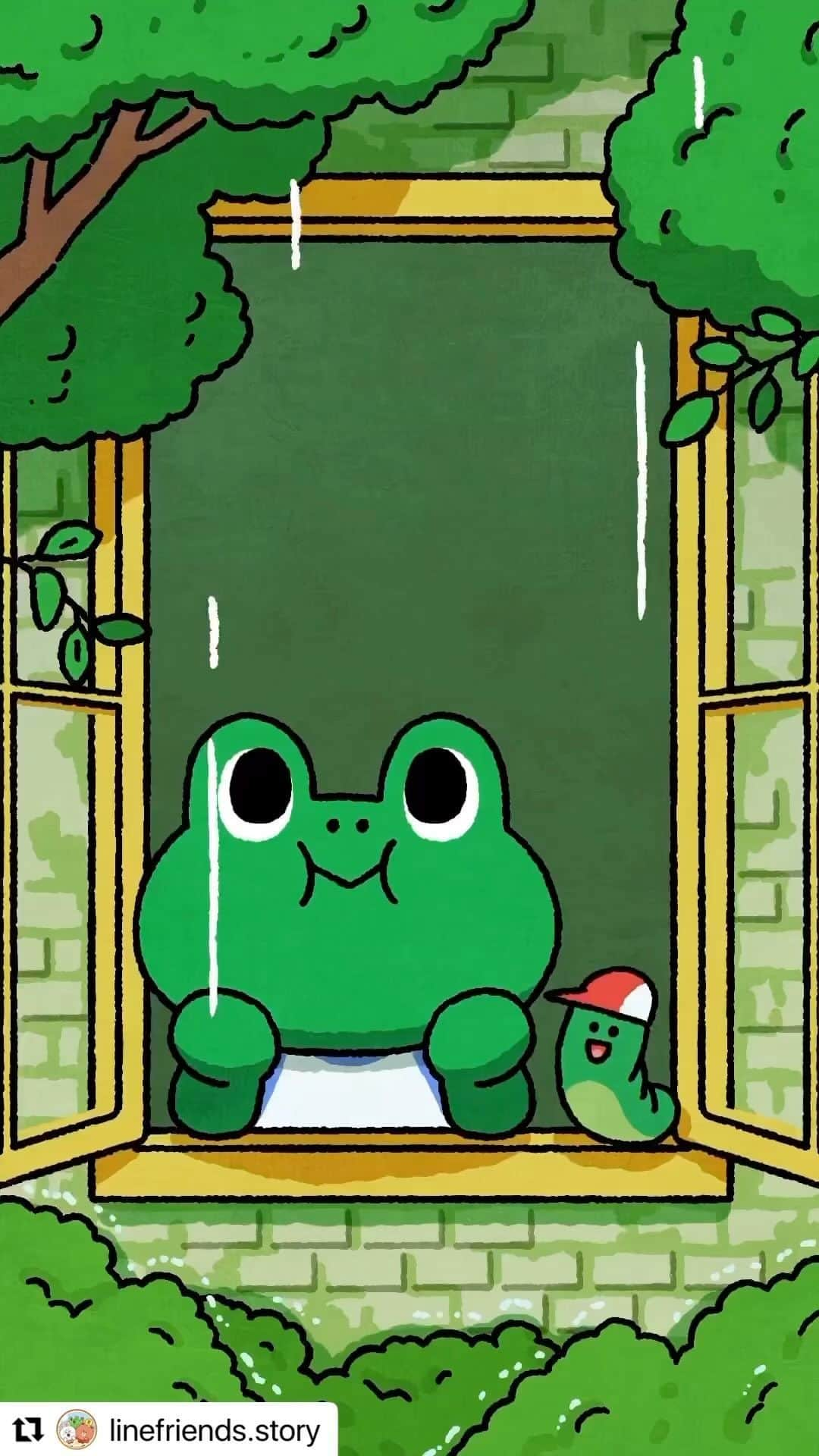 LINE FRIENDSのインスタグラム：「#Repost @linefriends.story with @use.repost ・・・ 🐸 I love rainy days🎵  나는 비오는 날이 좋더라🎵  雨の日好き🎵  我喜歡下雨天🎵   #STORYOFLINEFRIENDS #LEONARD_GREEN」