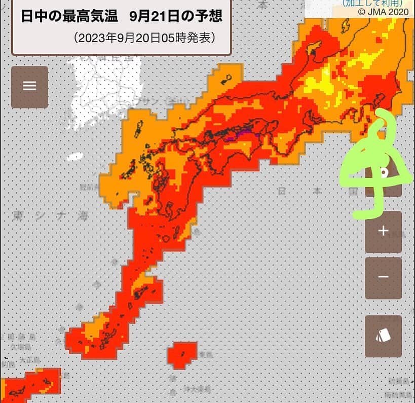 寺川奈津美さんのインスタグラム写真 - (寺川奈津美Instagram)「関東から九州・沖縄にかけ、きょう(水)も30度以上の真夏日。 特に関東周辺は35度近くまで上がりそうです。  さらに気温が上がる午後、関東中心に天気急変がありそう⚡️平野部でも気をつけて下さい。  #きょうあすの雨を境に #秋の空気が入ってきそう #猛暑日に迫る気温は  #そろそろ終わりだ」9月20日 8時40分 - natumikannnn