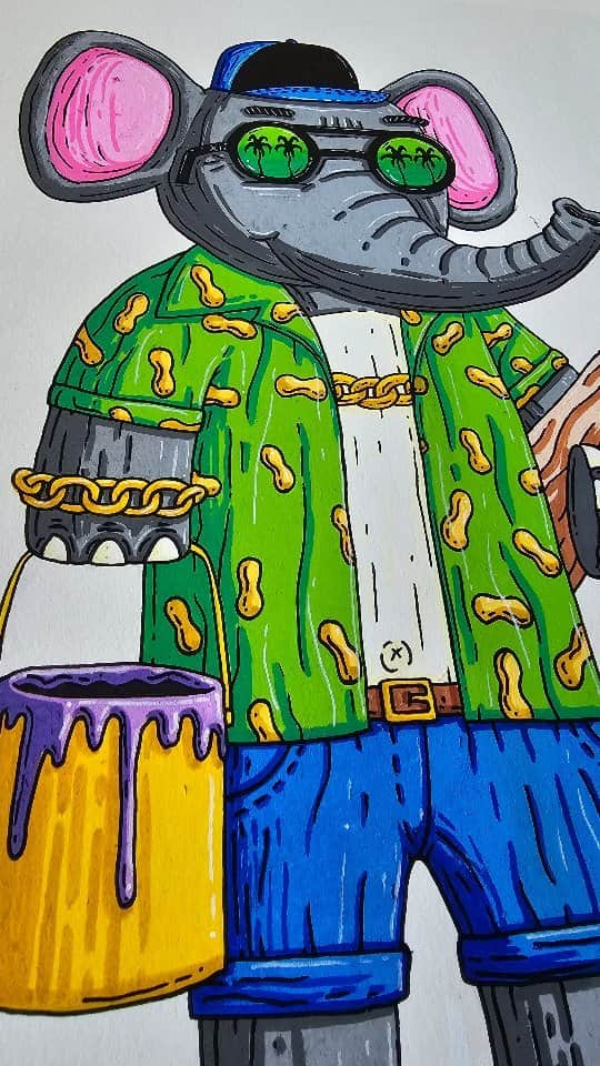 MULGAのインスタグラム：「Drawing Ethan the Elephant ⚡🐘⚡⁣ ⁣ The story of Ethan the Elephant⁣ ⁣ Once there was an elephant called Ethan and he was an artist elephant. A few years ago he was working at a car wash as the finance manager but always had the dream of being a rad artist elephant dude. ⁣ ⁣ He got his career underway when he starting painting on the cars when they came into get washed. He did some sweet designs but the owners of the cars didn't appreciate it and he was promptly made jobless.⁣ ⁣ He took the opportunity to begin his art career and started painting on people's cars who wanted it. A lot of his first customers where businesses and in fact his first customer was Edgar's Electricity Services followed by Tony's Taco truck. ⁣ ⁣ After painting Tonys Taco Truck he became the go to guy for painting on food trucks and built a lovely career as an artist. ⁣ ⁣ The End⁣ ⁣ #mulgatheartist #ethantheelephantwasaprettygoodelephantartist #elephantart #elephant」