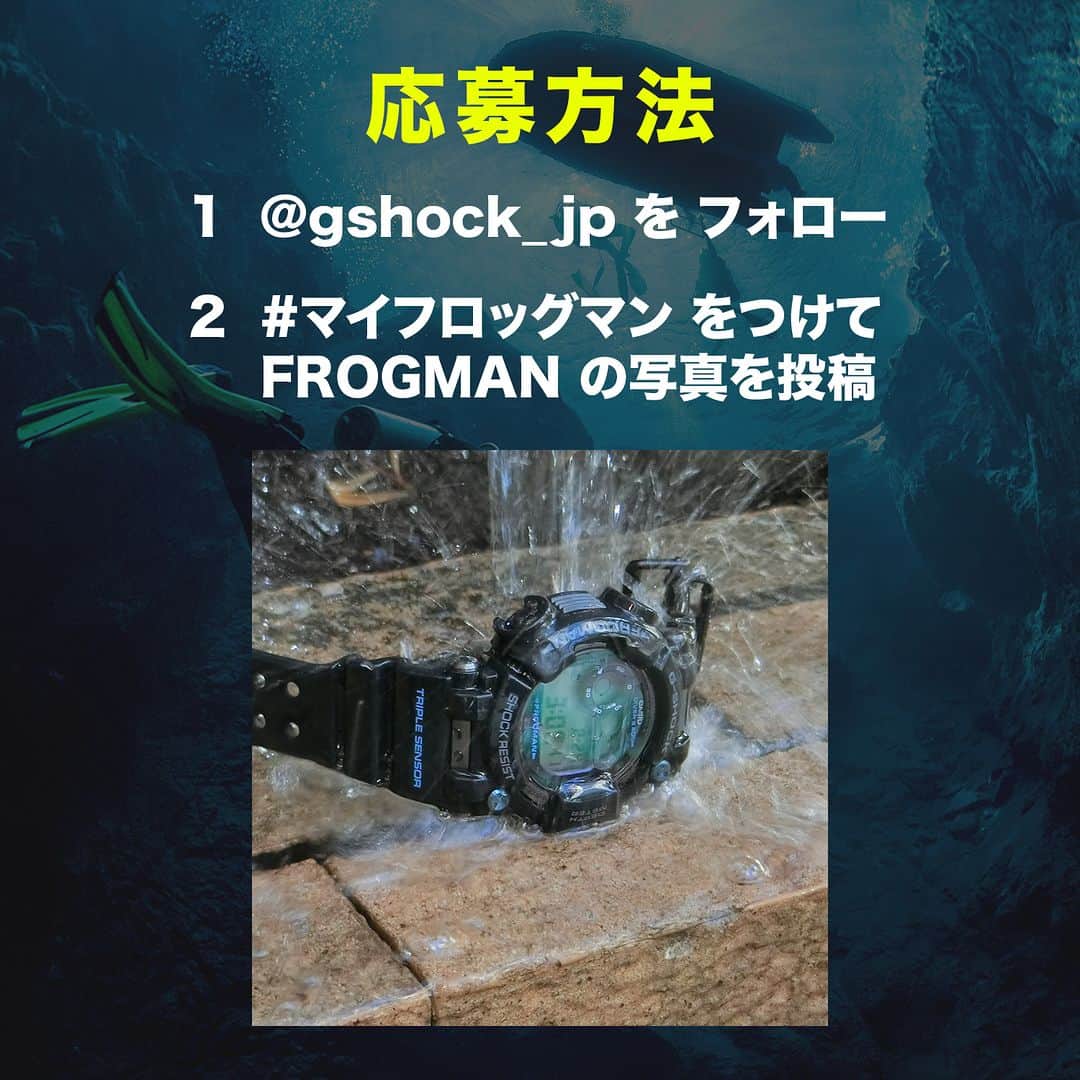 G-SHOCKさんのインスタグラム写真 - (G-SHOCKInstagram)「FROGMAN 30th Anniversary CAMPAIGN  FROGMANシリーズの生誕30周年と、初代FROGMAN「DW-6300」のレストアサービスの実施を記念して、@gshock_jp ではInstagramキャンペーンを開催します！  あなたの自慢のFROGMANを投稿して「G-SHOCKオリジナルウォッチホルダー」をゲットしよう。  ▼応募方法 1) @gshock_jp をフォロー 2) #マイフロッグマン をつけてお持ちのG-SHOCK FROGMANの写真をInstagramに投稿  上記2ステップで応募完了です。たくさんの投稿をお待ちしております！  ▼応募期間 2023年9/15(火)～11/30(木)  ▼当選人数・景品 10名様 G-SHOCKオリジナルウォッチホルダー   ▼注意事項 ※投稿された画像は特設サイトに掲載させていただきます。特設サイトはストーリーズのURLをチェック。 ※応募期間終了後、厳正なる抽選を経て当選された10名の方には @gshock_jp からDMにてご連絡致します。 ※@gshock_jp 以外からはご連絡致しません。偽アカウントには十分にご注意ください。 ※DMに記載の期日までにご回答が無い場合、当選の権利は無効となります。  ▼応募規約 https://casio.link/48guWUa  #g_shock #frogman #マイフロッグマン #キャンペーン #anniversary」9月20日 12時00分 - gshock_jp