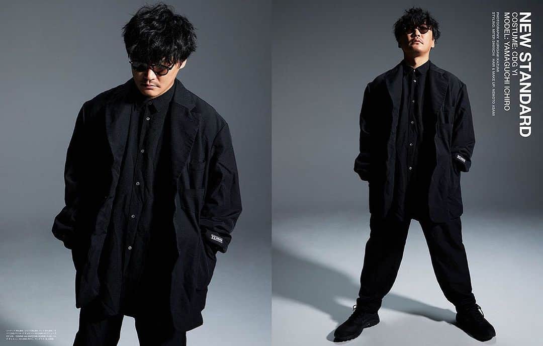 山口一郎のインスタグラム：「本日発売SWITCH10月号に掲載です。  山口一郎にとって長年の夢であるコム デ ギャルソンのブランド「CDG」とのコラボが実現した。その名も「CDG YI」。写真家操上和美とのファッションシューティング、そして川久保玲へのリスペクトを語る特別インタビューを掲載。「SWITCH」9月20日発売号にて。 amazon.co.jp/dp/4884186079/」