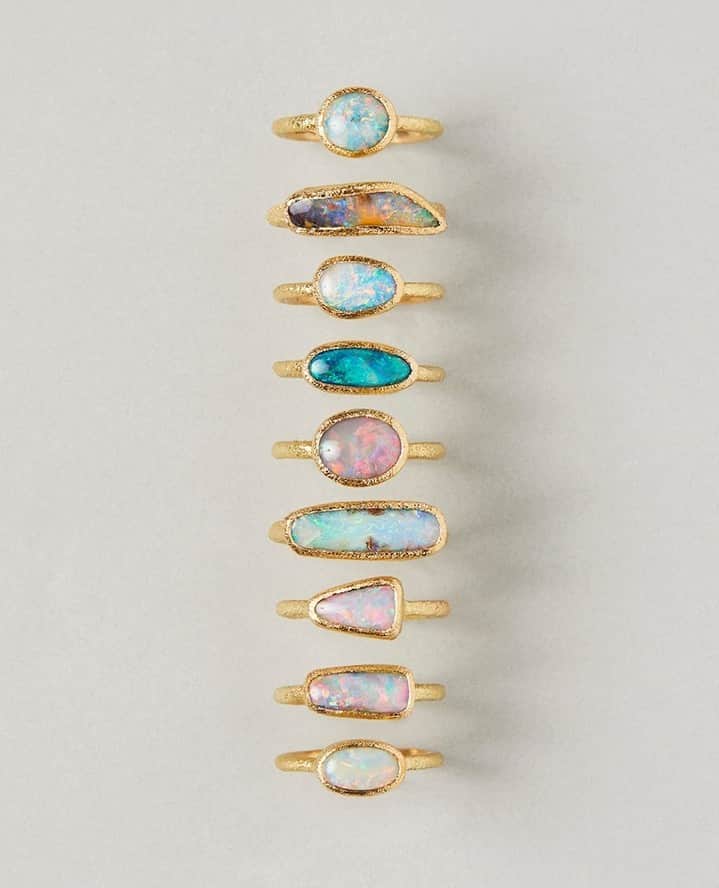 サトミ カワキタのインスタグラム：「For the month of October, we introduce 10 captivating One-of-a-Kind rings featuring its mesmerizing birthstone, opal. Take these magical rainbows with you wherever you go.」