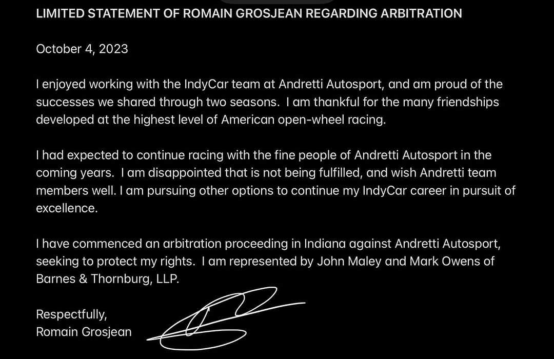 ロマン・グロージャンのインスタグラム：「LIMITED STATEMENT OF ROMAIN GROSJEAN REGARDING ARBITRATION」