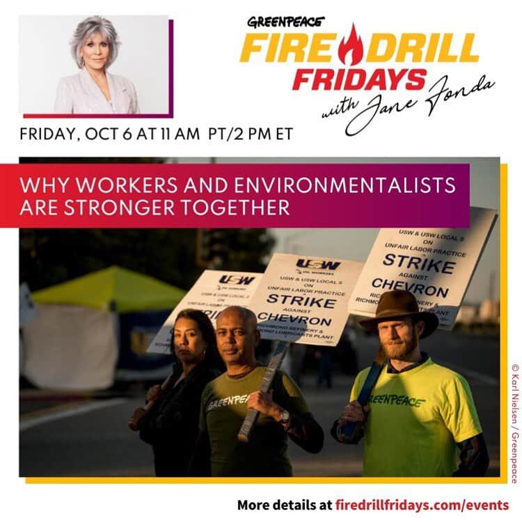 ジェーン・フォンダさんのインスタグラム写真 - (ジェーン・フォンダInstagram)「Repost from @firedrillfriday • “Hot Labor Summer” was so fierce that we’re still feeling the heat! From Assembly Bill 421 to curb corporate power in California politics to united auto workers who are on strike nationwide for a fair contract and a just transition as we make the shift to EVs, it’s clear that when labor and climate movements partner to build power — we win, together.⁣ ✊⁣ Join actor and activist, Jane Fonda, for a conversation with powerful labor movement leaders on why it’s more important than ever for environmentalists to show up in solidarity with workers fighting for dignity and justice. ⁣ ✊⁣ We will see you LIVE next Friday, October 6 at 11am PT / 2pm ET on firedrillfridays.com, the FDF Facebook page, Greenpeace USA Twitter, or Greenpeace USA YouTube.⁣ ✊⁣ Sign up today at the link in our bio.⁣ ✊⁣ #FireDrillFridays #GreenpeaceUSA #Climate #ClimateCrisis #ClimateEmergency #Labor #Workers @janefonda @firedrillfriday @greenpeaceusa @seiu_usww」10月5日 2時52分 - janefonda