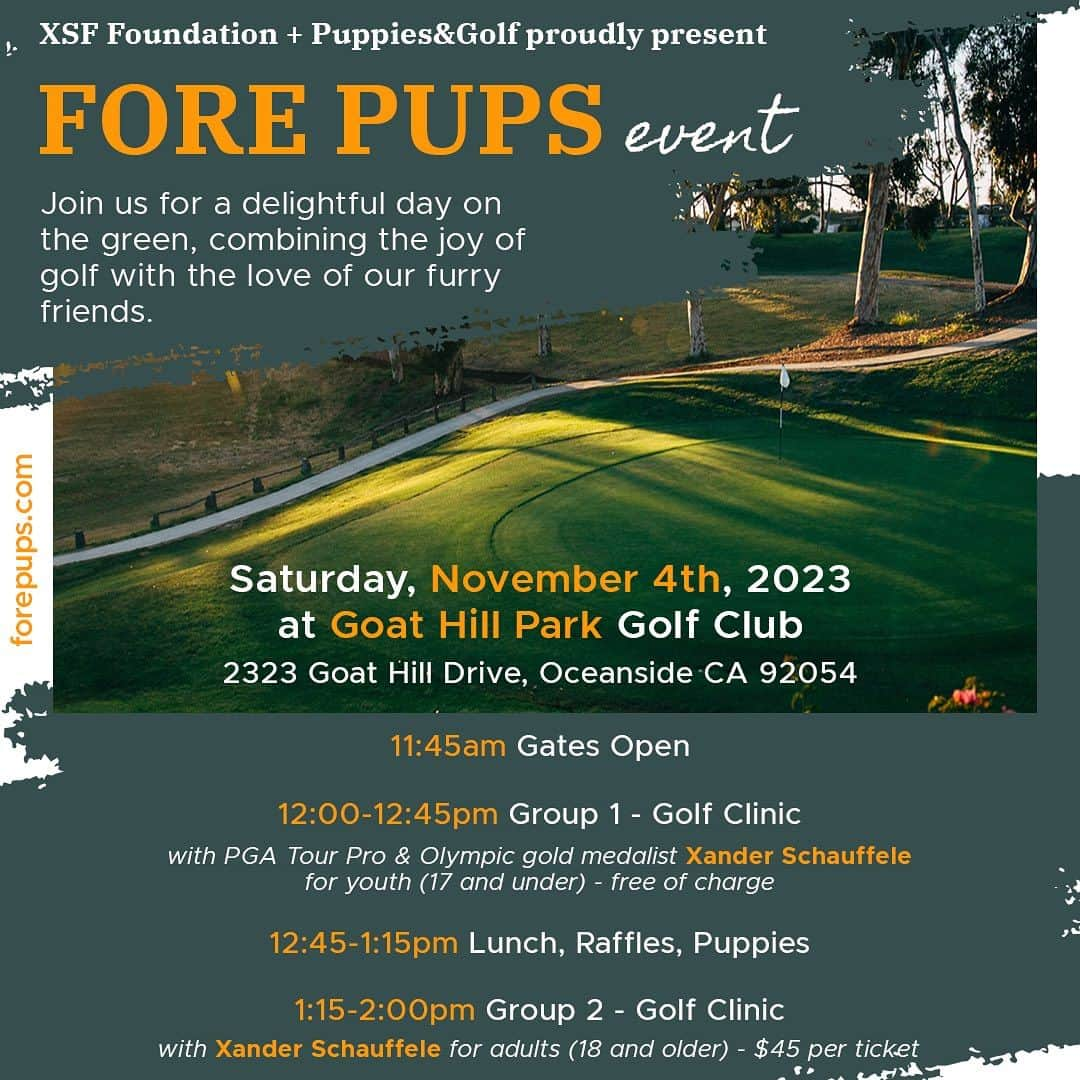 ザンダー・シャウフェレのインスタグラム：「The first annual Fore Pups event @xsffoundation @puppiesandgolf will take place November 4th @goathillpark Be sure to check out forepups.com (link in bio) for more information and tickets. I’ll be hosting two clinics, and you’ll also have the opportunity to adopt dogs from @hwac Be sure to check out their website for more information regarding the adoption process!」