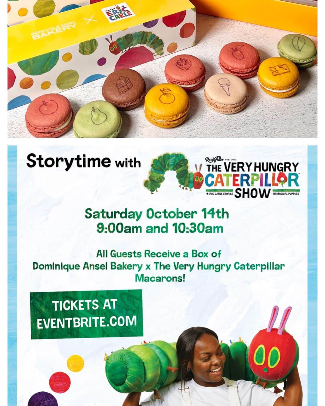 DOMINIQUE ANSEL BAKERYのインスタグラム：「Surprise, Soho! We’ll be hosting a very special Very Hungry Caterpillar Storytime at the Bakery on Spring Street, next SAT 10/14 from 9-10am and 10:30-11:30am in our backyard garden. We’ll be welcoming our friends from @caterpillarshow, who’ll be bringing this childhood classic to life with puppeteers and handcrafted puppets. Plus we’ll be serving up warm apple cider and madeleines, and you’ll take home our limited-edition 9pc box of macarons inspired by all the delicious foods the caterpillar eats in the book. Each ticket includes admission for 1 adult (plus 1 child under 6 is free). Age recommendation 1-6 years (kids 12 months and under will need to be in the laps of their accompanying adult). Tickets are limited and up NOW via link ⬆️ in bio. See you all there! 🐛🍎🍓🍐🍊🍰🧀🌱🦋」