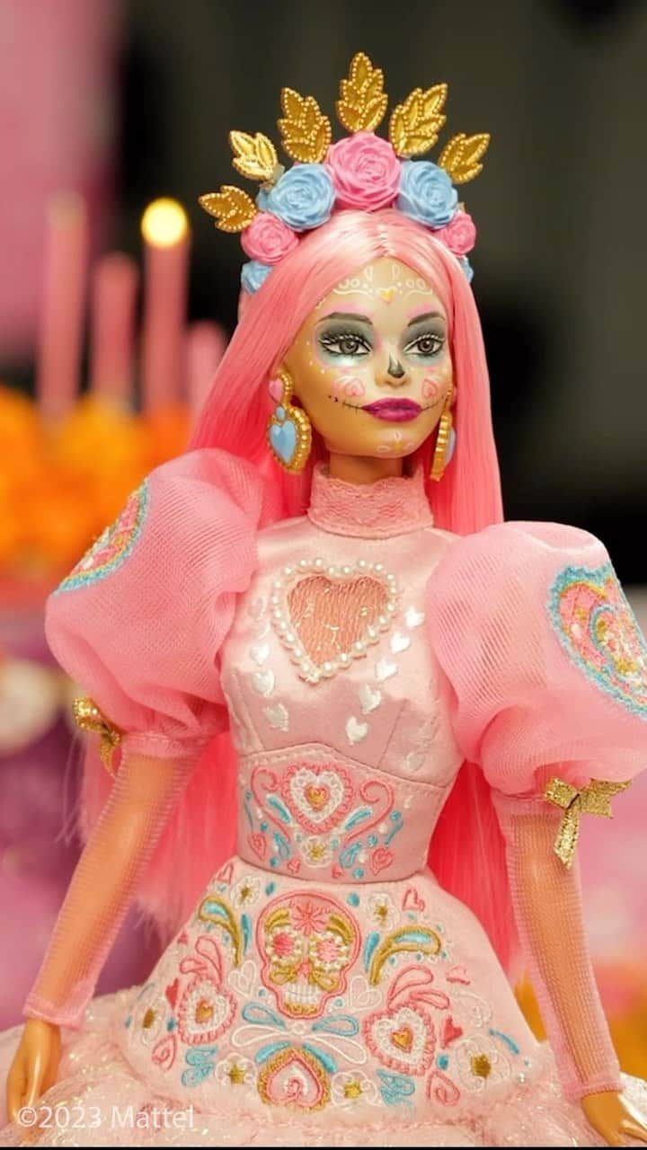 バービーのインスタグラム：「Go behind the scenes of the making of the Pink Magnolia x Barbie Día de Muertos doll. 🕯️With a mission to bring the best of Mexico to the world, and a lifelong love of fashion inspired by Barbie, founder @pavowong is proud to share the process behind her special creation to honor the holiday. 💕 #Barbie #barbiestyle #MattelCreations #DiaDeMuertos」