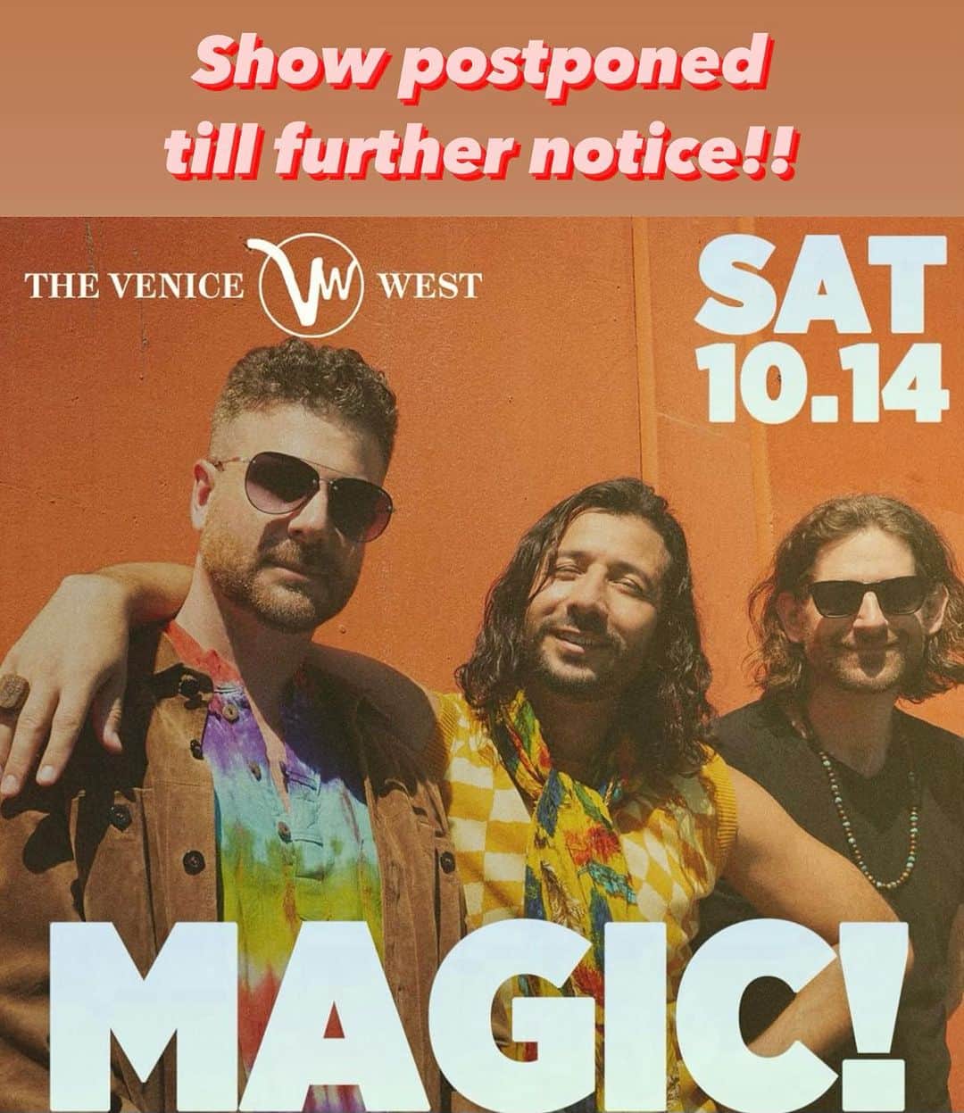 Magic!のインスタグラム：「Hey, to all of our LA and California fans, anybody who was going to make it out to the show we are sorry but we gotta push the date back. We love you and will see you once we figure out when we can make this up.  hopefully will make it a holiday show or something in December. Thanks for understanding! Miss you guys!!」