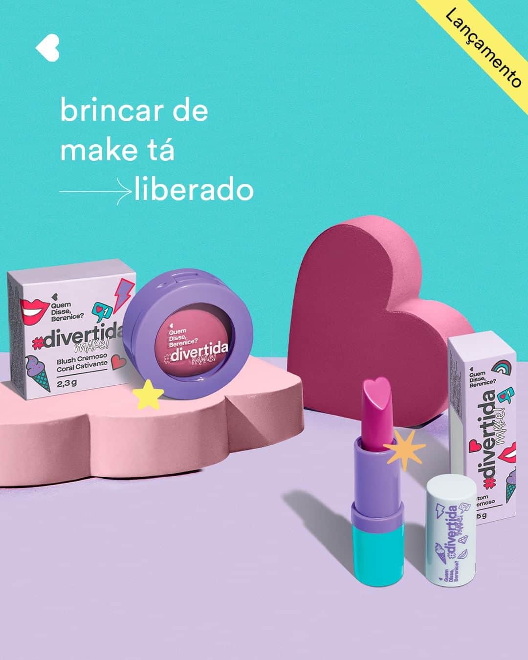 quem disse, berenice?のインスタグラム：「Divertida Make foi feita pra todas as crianças que amam se expressar durante as brincadeiras! possui fórmulas exclusivas e seguras, aprovadas por pediatras. se divertir nunca foi tão colorido e tão bonito! #DivertidaMake   #PraTodosVerem: o post é um carrossel. Na tela 1, a cor de fundo azul claro um coração e uns acessórios de apoio em uma mesa com o Batom e o Blush da nova linha Divertida Make e o texto: "brincar de make tá liberado". Na tela 2, o fundo é dividido nas cores azul claro e lilás com o batom e o texto: "Batom em formato de coração". Na tela 3, o fundo é dividido nas cores azul claro e lilás com o blush e o texto: "Blush dois em um // pode usar no rosto e nos lábios". Fim da descrição.」