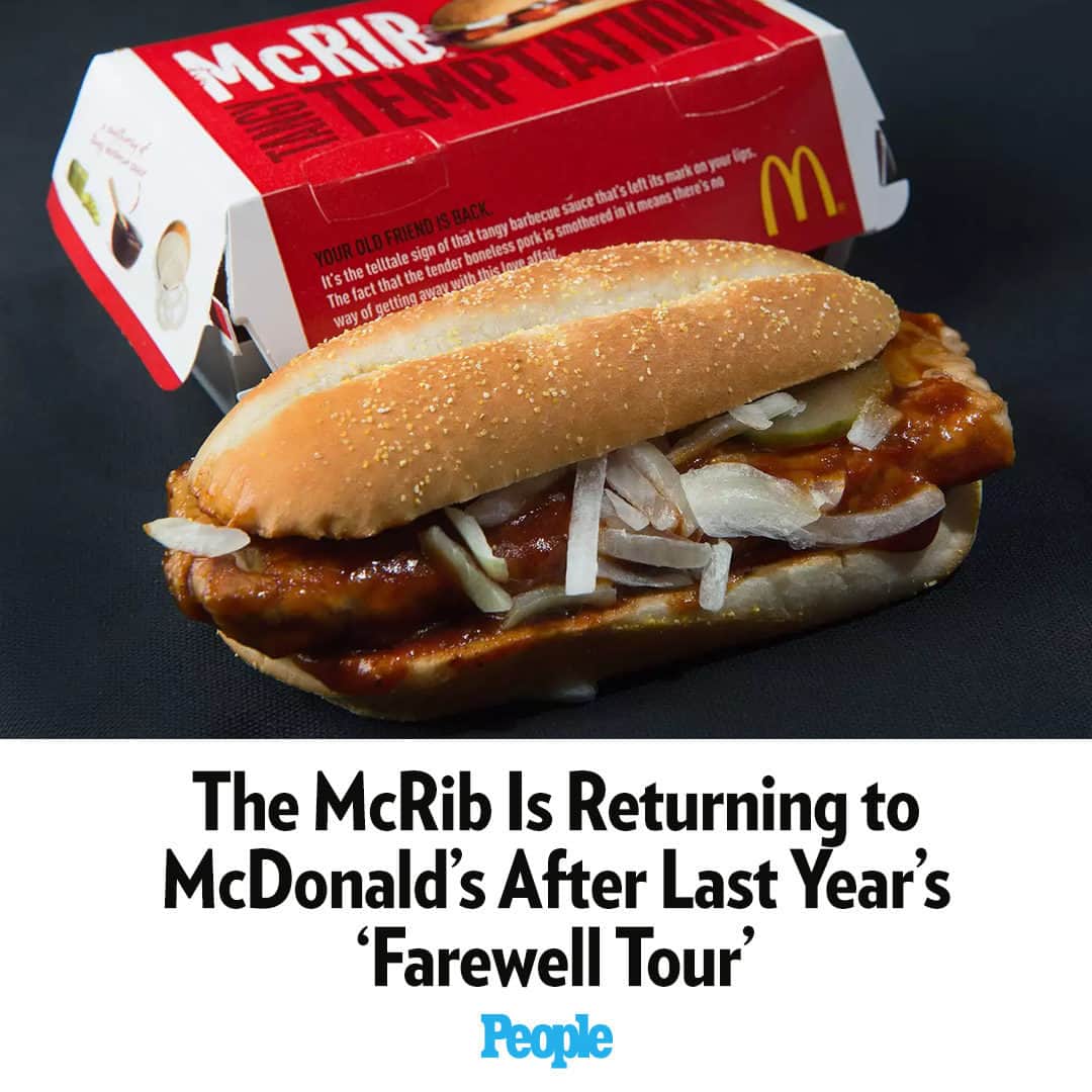 People Magazineさんのインスタグラム写真 - (People MagazineInstagram)「The McRib is making a comeback — again. After the famous sandwich – consisting of boneless pork slathered in barbecue sauce and topped with slivered onions and dill pickles on a hoagie-style bun – went on a “McRib Farewell Tour” last October, the fast food chain has decided to bring the beloved menu item back for a limited time only.   “It turns out not everyone was ready to say goodbye,” McDonald’s said in a press release. Tap the link in bio for all the juicy details!   | 📷: Getty」10月5日 5時30分 - people