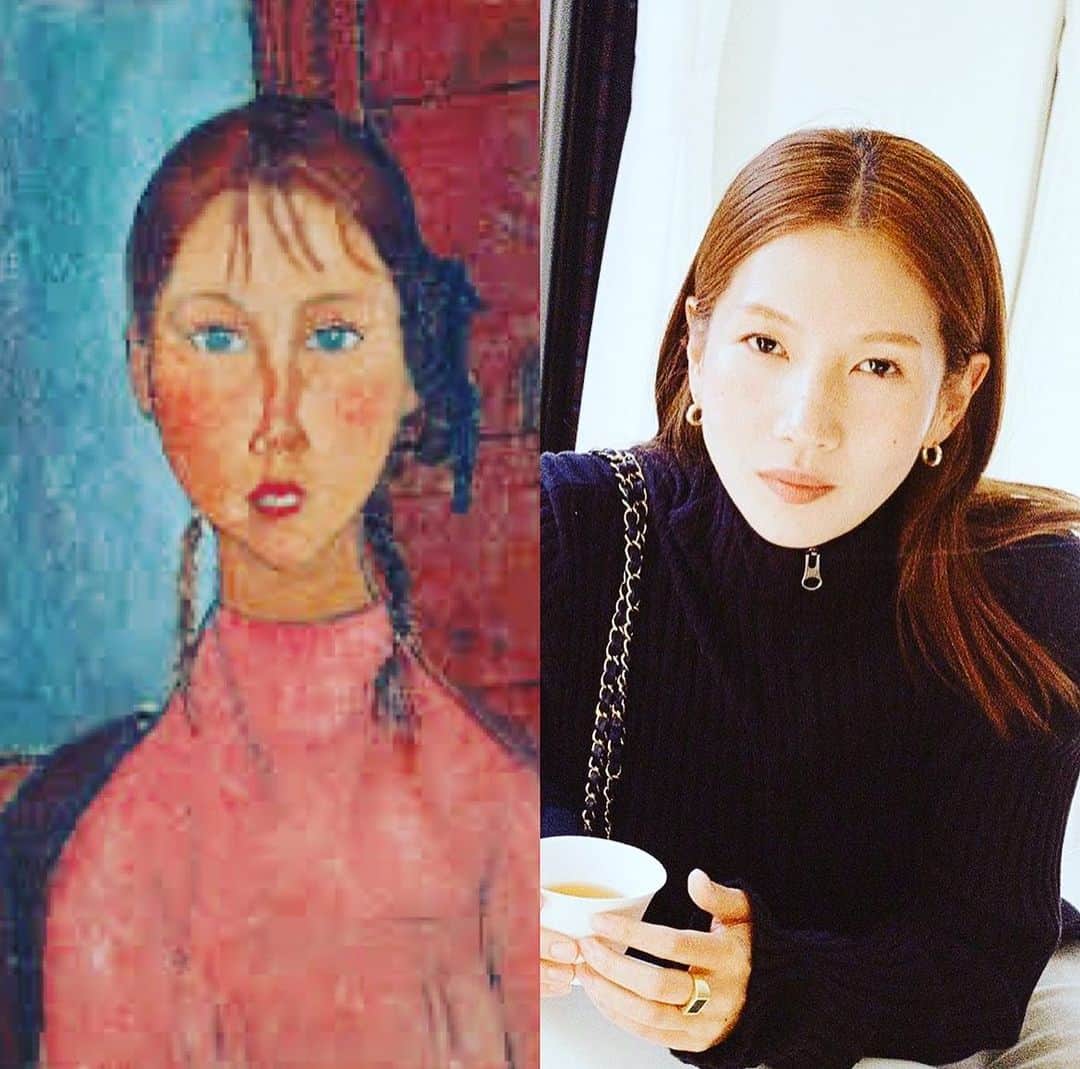 岡田美里のインスタグラム：「お誕生日おめでとう✨ 「おさげ髪の少女」(モディリアニ)にそっくりちゃん👧 @kiki_sun   #おさげ髪のころが懐かしい #これからもなかよしで  #野心をもって頑張れ」