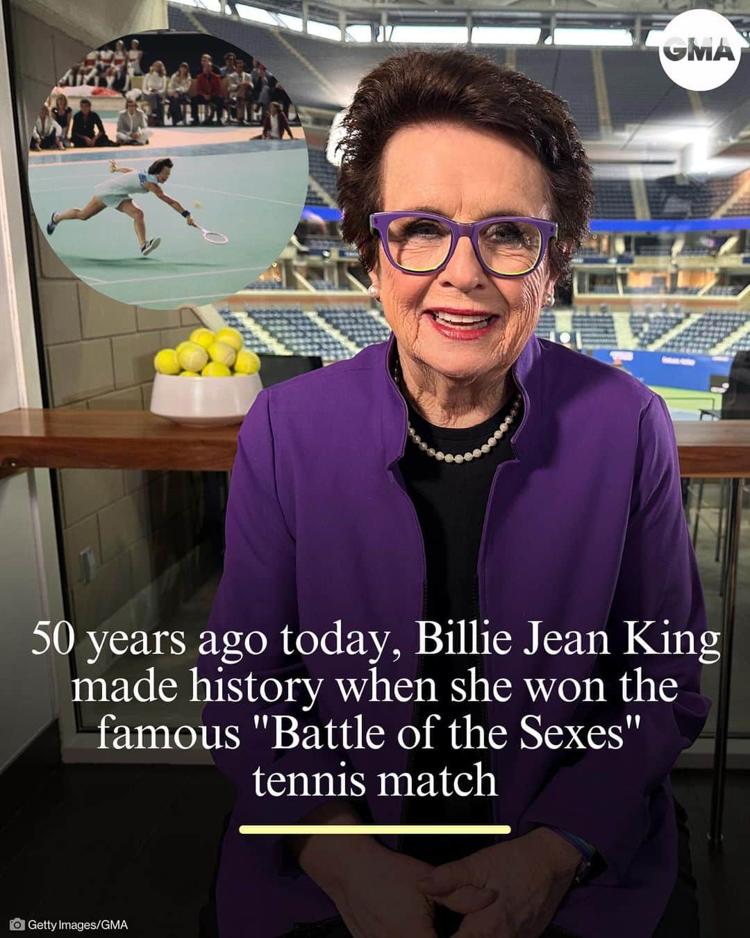 Good Morning Americaさんのインスタグラム写真 - (Good Morning AmericaInstagram)「50 years ago today, @billiejeanking made history when she beat Bobby Riggs in the famous “Battle of the Sexes” tennis match.   We spoke with her about the famous match and the continued fight for equality today. Find her FULL interview at our link in bio.」9月21日 2時11分 - goodmorningamerica