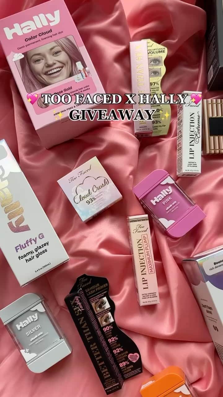 のインスタグラム：「✨ 💖 GIVEAWAY 💖 ✨ We’re so excited to partner with @hallyhair giving 1 lucky babe the ultimate Too Faced x Hally Prize Pack!  Prize Pack Includes: @toofaced Better Than Sex Mascara in Black, Better Than Sex  Foreplay Mascara Primer, Cloud Crush Blush shade Head In The Clouds, Born This Way Natural Nudes Palette, Lip Injection Maximum Plump shade Original, Lip Injection Extreme, Chocolate Soleil Bronzer in your shade, Makeup Insurance Setting Spray and @hallyhair Shade Stix in Pink, Red, Yellow, Green, Silver, Blue, Purple, Orange, Fluffy G in Premiere Clear in Brass-off Blonde in Fluffy G in Bouncy Brown, and Color Cloud in Atomic Blonde, Purple Avalanche, Cola Coaster, Code Red, Dark Mode, Blue Crush, and Dark Mode.  HOW TO ENTER: ✨ Like & Save This Post ✨ Follow @toofaced and @hallyhair  ✨ Tag 2 of your besties (they must be following too!) ✨ For additonal entries, comment a 💖  on both of  our most recent posts!  (US & INT) Giveaway ends 9/24 at 11:59 PM PST & the winners will be chosen on 9/25 via DM by the official @toofaced & @hallyhair account! Terms & Conditions on toofaced.com GOOD LUCK! 💖 #toofaced #tfcrueltyfree」