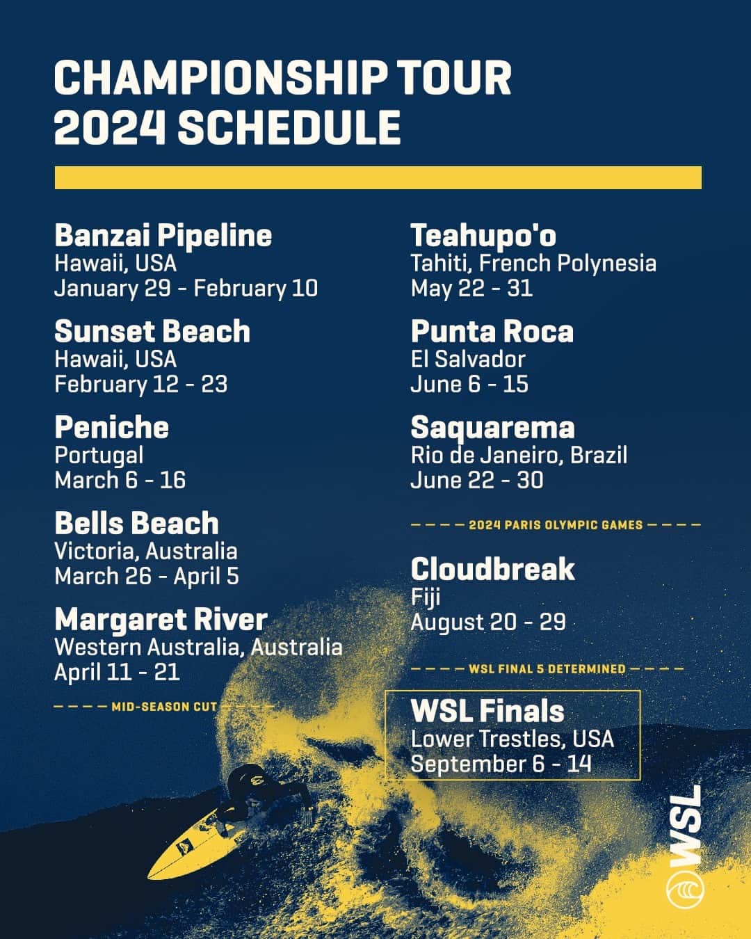 世界プロサーフィン連盟（WSL）さんのインスタグラム写真 (世界プロサーフィン連盟（WSL）Instagram)「🗓 2024
