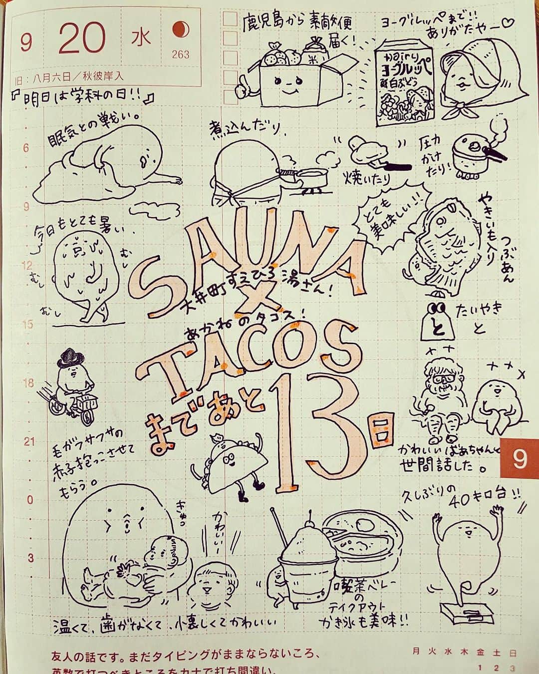 山川あかねさんのインスタグラム写真 - (山川あかねInstagram)「9/20  #ほぼ日手帳  #お尻絵日記  #イラスト  #illustration  #たいやき  #かき氷  #ヨーグルッペ  #すえひろ湯  #あかねのタコス  #赤子」9月21日 1時38分 - dummpuppe