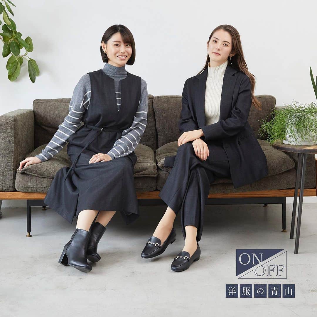 洋服の青山のインスタグラム：「. 着回し力抜群🙆‍♀️  💙洋服の青山のデニム調アイテム💙  ON・OFF共に使いやすく コーディネートしやすいアイテムですので 是非チェックしてみてください🫶  01. 太すぎないワイドパンツと セットアップでカッチリ見え👖  ・セサミグレー4Bダブルジャケット　21,890円 　( AJ235121-B )  ・セサミグレーベルト付きワイドパンツ　11,000円 　( AP235121-B )  ・タートルネックリブニット　13,200円 　( WNT23116-10 )  02. 胸元の広いVゾーンが抜け感を演出✨  ・セサミグレースリットネックワンピース　13,200円 　( AN235121-B )  ・ボーダーニットプルオーバー　5,390円 　( WNT23120-36 )  03. ブルーのデニムがこなれ感🫐  ・デニムブルー4Bダブルジャケット　21,890円 　( AJ235120-C )  ・デニムブルーベルト付きワイドパンツ　11,000円 　( AP235120-C )  ・クールネック天竺ニット　4,290円 　( WNT23117-72 )  -----------------------------------------------  洋服の青山【@aoyama_ladies】では 「自分らしく働く美しさ」をテーマに 新しいビジネススタイルをご紹介しております✨  商品のご購入は画像内の商品タグをご覧ください👀♡  ご紹介商品は、一部店舗でのみ 取扱いの場合もございます。 詳細についてはお近くの店舗 もしくはコメント・DMにて お気軽にお問い合わせください💌  -----------------------------------------------  #洋服の青山 #遊べる選べるシゴト服 #ビジネスカジュアル #ビジネスコーデ #ビジネススタイル #ビジネスファッション #OLコーデ #キャリアウーマン #お仕事コーデ #通勤コーデ #通勤ファッション #通勤スタイル #大人女子コーデ #大人コーデ #パンツコーデ #スカートコーデ #きれいめファッション #ビジカジコーデ #シャツ #ブラウス #スカート #スーツ #デニム調アイテム #デニム #秋コーデ」