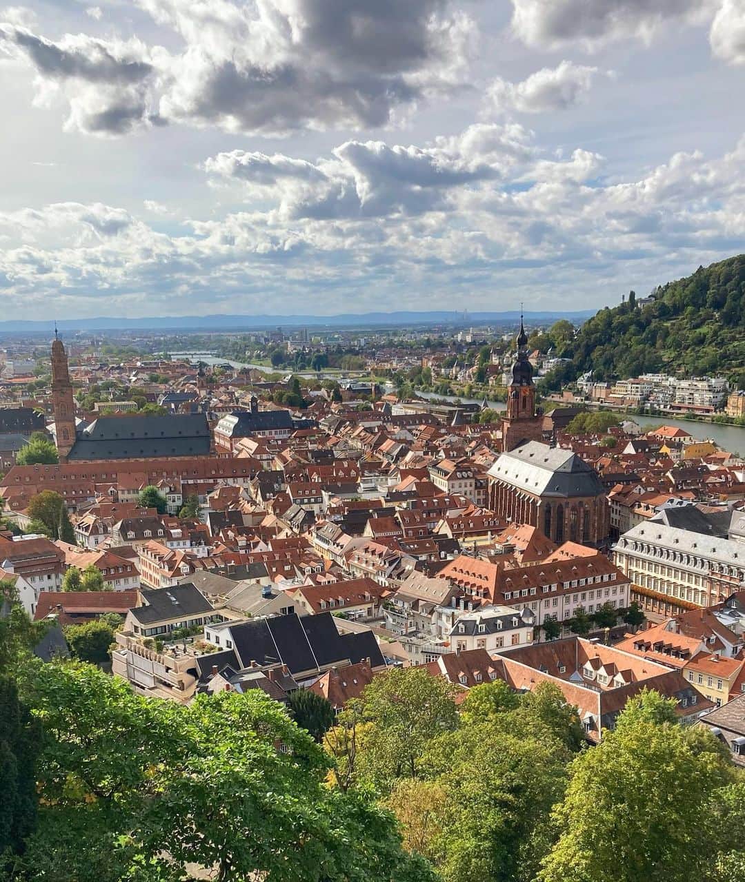 YUINAのインスタグラム：「. Heidelberg ハイデルベルク城からの眺め♪♪♪ ⁡ 赤い屋根が宝石箱みたいにキラキラ〜✨ ⁡ ドイツ三大名城の一つなんだけど まぁあちこち戦争で壊れて廃墟城！笑 その都度、その時代の建築様式で復元してるからゴシック様式、ロマネスク様式、ルネサンス様式とまぜこぜセンスの集大成🤭 ⁡ 今のドイツじゃほぼ見ない ライオン像がやけに多くて 夜行ったら完全にホラーwww ⁡ 修復できないまま今の姿になった理由は 度重なる戦争被害 ⁡ 長らくヨーロッパの権力者はバチカンだったから、カトリック要素強めの城に作り替えようとしたけど、カトリックは豪華絢爛だからお金がかかる笑 ⁡ 宗教改革のルターもいて、市民の反感も買い そのうちに、ハイデルベルク辞めて マインツに新しく遷都しよか！となり ⁡ そっちに城を建てるための石や鉄や木材が なんと壊れたハイデルベルク城から持って行かれた笑 ⁡ 何度も修復の話はでるけど その頃にはハイデルベルクの住人たちが城から石や装飾まで取って自分たちの家造りに使っちゃったからもう資源なし！www ⁡ とどめに２度の稲妻で大火事になり これは神のメッセージだと時の皇帝が判断して 修復諦めて300年たったなう😂 ⁡ お城や宮殿ってまず敵からの攻防に 皇帝の栄華誇示や 自然さえも従わせるメッセージのこもった庭園とか 支配エネルギーが強烈すぎて、おぇってなるけど 街の景色は本当に最高すぎた✨ ⁡ 当時の住人は毎日お城を見上げてるし、行ったことないからお城の暮らしに憧れとかあったらしいけど、なんか現代のメディア操作と似てる笑 ⁡ 私の気づきとしては お城より下界のほうが120%vibesいい😂❤️  フランクフルトから行くとカフェでもなんでも 安く感じたよ✨  #ハイデルベルク城 #ドイツ生活 #フランクフルト #フランクフルト生活  #heidelbergcastle  #Heidelberg #altstadt #deutschland  #landscape」