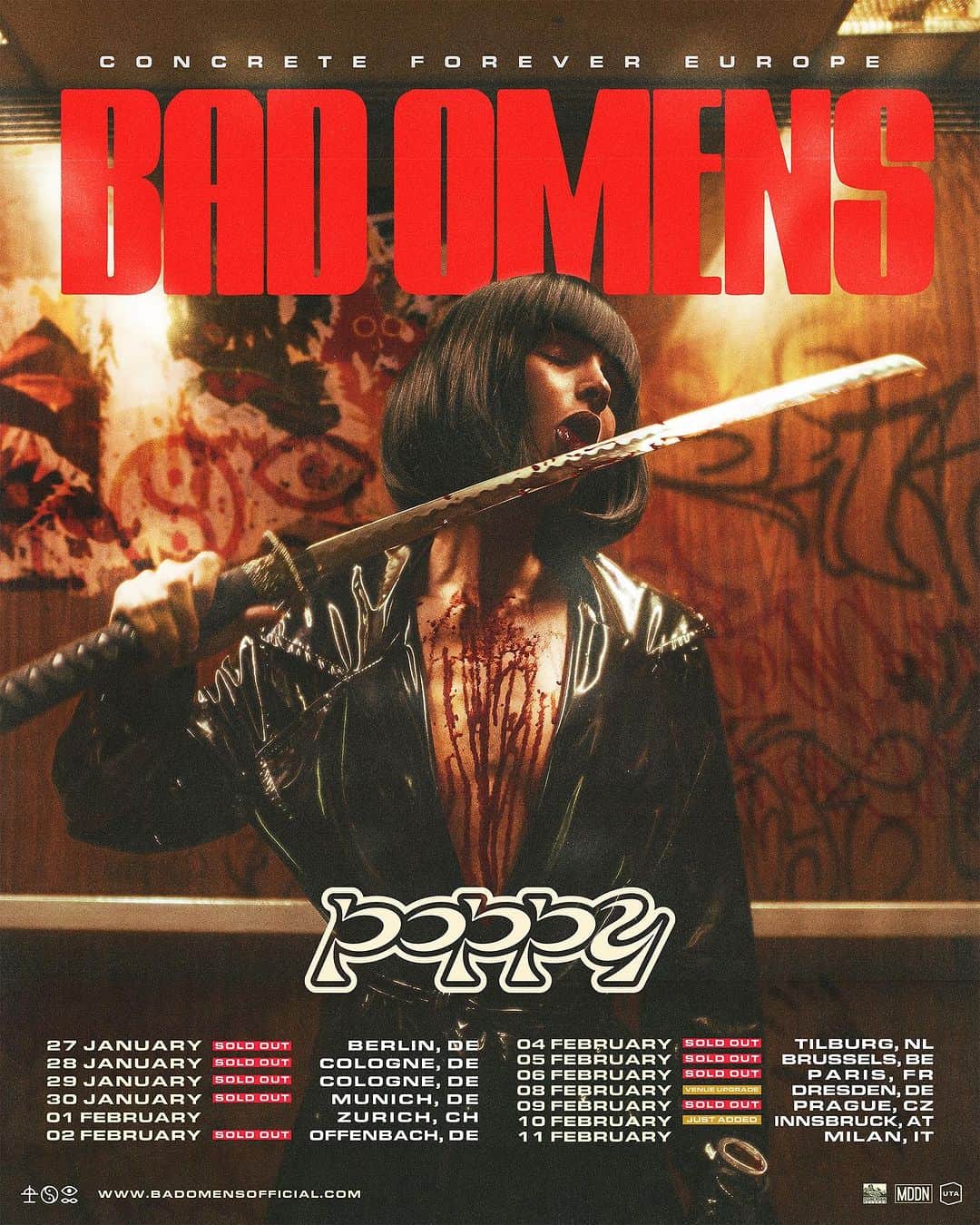 Poppyさんのインスタグラム写真 - (PoppyInstagram)「I’ve got some new dates for you.  I’m joining @badomensofficial in the EU and headlining the UK! Tickets and VIP for all UK shows are available 10AM local on Friday.  CONCRETE FOREVER EUROPE  27 January - Berlin, DE 28 January - Cologne, DE 29 January - Cologne, DE 30 January - Munich, DE 01 February - Zurich, CH 02 February - Offenbach, DE 04 February - Tilburg, NL 05 February - Brussels, BE 06 February - Paris, FR 08 February - Dresden, DE 09 February - Prague, CZ 10 February - Innsbruck AT 11 February - Milan, IT  ZIG UK 14 February - Manchester, UK 15 February - Glasgow, UK 16 February - Liverpool, UK 18 February - Bristol, UK 19 February - Birmingham, UK 20 February - London, UK 21 February - London, UK  impoppy.com」9月20日 18時06分 - impoppy