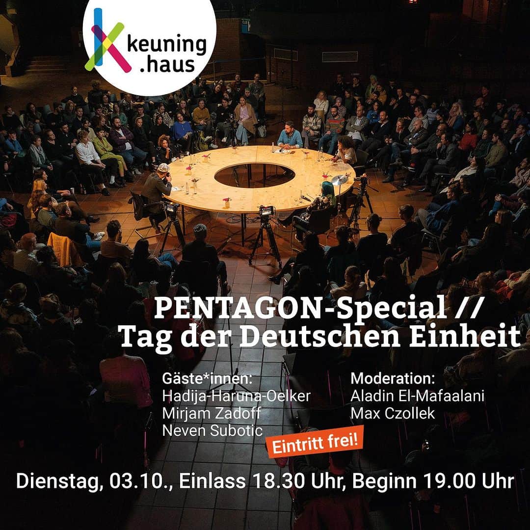 ネヴェン・スボティッチのインスタグラム：「PENTAGON-Special // Tag der Deutschen Einheit   Online fing’s an – jetzt findet Pentagon mit Live-Publikum statt. Worum geht’s? Ein festes Moderationsduo, bestehend aus Max Czollek und Aladin El-Mafaalani, lädt drei Gäst*innen ein (fünf Leute = Pentagon), um über gesellschaftlich relevante Themen zu diskutieren, die vorher nicht immer ganz konkret feststehen. Das Format geht in Richtung Politsatire, aber die Themen werden fachkundig behandelt. Ernsthaft, aber unverkrampft, auch mal zugespitzt, pointiert, sarkastisch und humorvoll – kurz: Es darf Spaß machen und es darf nicht abgehoben sein. Große Themen und viel Raum für Spontanität und Improvisation.  Die Riege unserer Gäst*innen ist vielversprechend-hochkarätig: Die Moderation trifft auf die Journalistin und Moderatorin Hadija Haruna-Oelker, die Direktorin des NS-Dokumentationszentrums München Mirjam Zadoff sowie den Ex-Fußball-Profi und Stiftungsleiter Neven Subotić.  Wir freuen uns auf euch!  Wann? Dienstag, 03.10.2023 Einlass 18.30 Uhr Beginn 19.00 Uhr  Wo? Keuning.haus Leopoldstr. 50-58 44147 Dortmund  Eintritt frei.  #pentagon #aladinelmafaalani #maxczollek #hadijaharunaoelker ##mirjamzadoff #nevensubotic #talk #talkrunde #politsatire #satire #politik #gesellschaft #jüdisch #muslimisch #soziologie #rassismus #keuninghaus #tarantababu #dietrichkeuninghaus #talkimdkh #dortmund #doüberrascht #diversitymatters #intersektional #intersektionalität #diversität  Foto: Vorzeigekind @vorzeigekind.de」