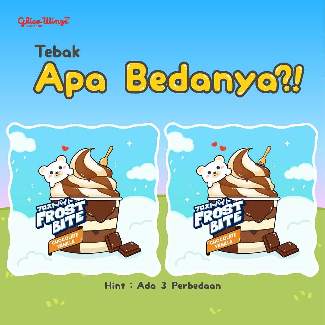 Glico Wingsのインスタグラム：「Main tebak-tebakan yuk! Coba cari perbedaan dari dua gambar ini dan komen di bawah ya 😍👇  Tapi udah pada cobain Frostbite Chocolate Vanilla Cup belum? Rasanya yummy, creamy, dan milky loh!  #FrostbitePower #FrostbiteChocolateVanilla #GlicoWings #EsKrimJepang」