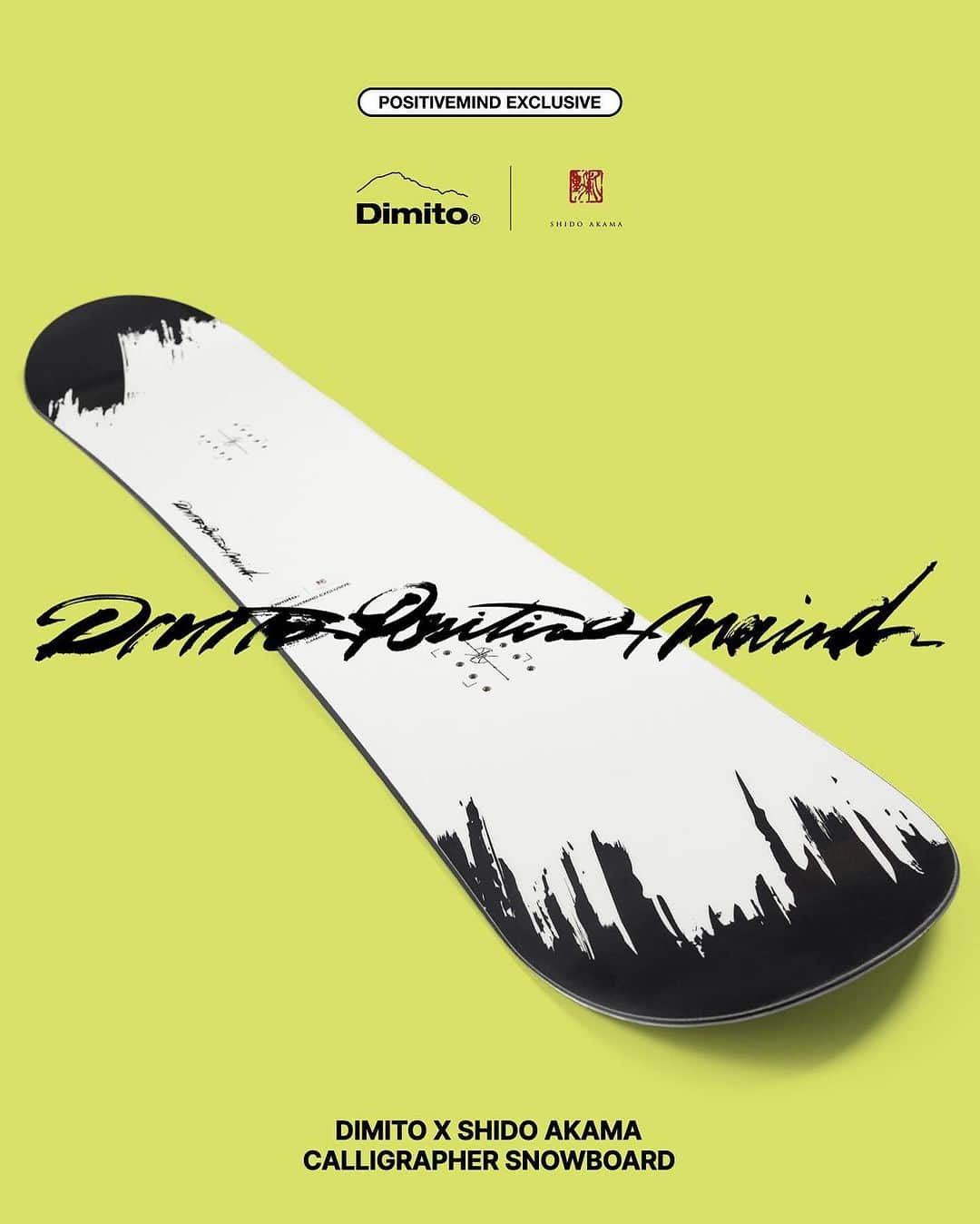 赤間紫動のインスタグラム：「“DIMITO POSITIVE MIND” - - - [DIMITO X SHIDO AKAMA] CALLIGRAPHER SNOWBOARD - - - 韓国発のブランド“DIMITO POSITIVE MIND”から自分のデザインが入ったコラボレーションスノーボードがリリースされました。自分がスノーボードを始めてから数十年後にまさか自分のスノーボードがリリースされるなんて夢にも思ってなかった。。Dimito teamはじめ皆様に感謝です。 - - - web https://dimito.com - - - @dimito_positivemind @shido_ak - - - #Repost @dimito_positivemind with @use.repost ・・・ [DIMITO X SHIDO AKAMA] CALLIGRAPHER SNOWBOARD🏂 ⁡ 2003년부터 일본에서 서예가로 활동하고있는  SHIDO AKAMA(@shido_ak )와의 협업으로 탄생한 CALLIGRAPHER SNOWBOARD는 독보적인 디자인과 강렬한 퍼포먼스를 모두 담아낸 유니크한 FREE RIDE SNOWBOARD 입니다. ⁡ SHIDO AMAKA, who has been working as a calligrapher in Japan since 2003, have come together with Dimito in our latest collaboration project to introduce CALLIGRAPHER SNOWBOARD providing a unique FREE RIDE SNOWBOARD that combines unrivaled design and powerful performance. ⁡ www.dimito.com Worldwide 🌎🌍🌏 shipping #dimito #dimitopositivemind #디미토 #snowboarding  #shidoakama #赤間紫動#calligraphy#calligrapher#drawing#tokyo#japan#calligrafia#kaligrafi#caligrafo#shodo#abstractpainting#abstractart#avantgardecalligraphy#前衛書道#墨象#白黒#书道#서예#書道」