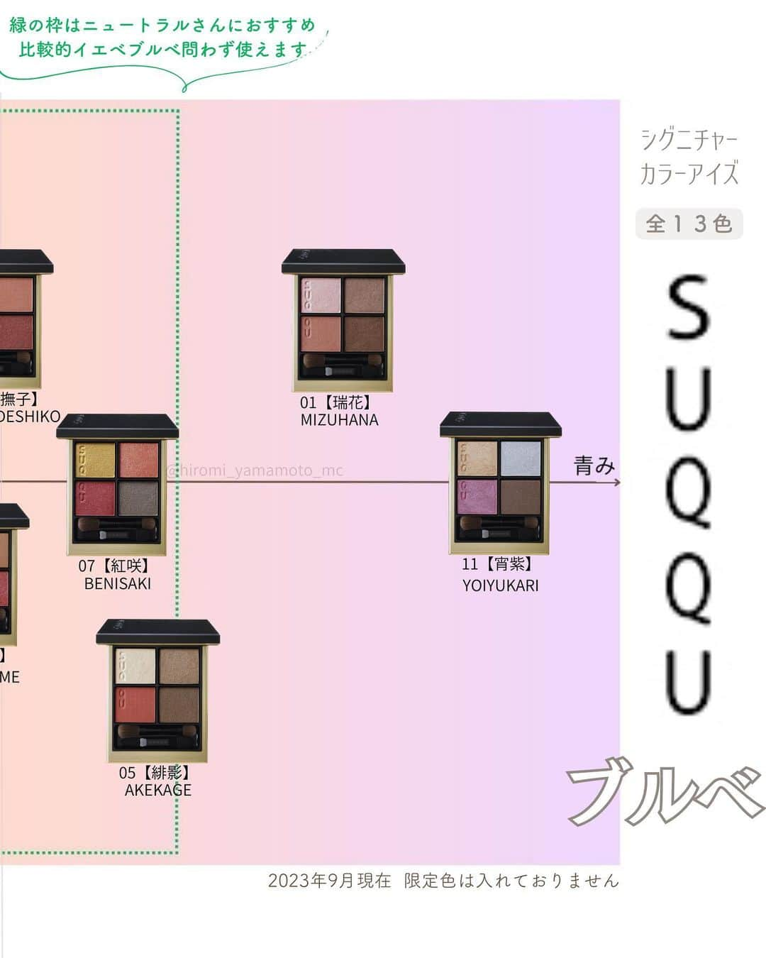 山本裕美のインスタグラム：「. 診断後のお客様から コスメに関する質問をたくさんいただくので マトリックスにしてご紹介しています。 ⁡ 今回は【ブルベ編】です。 ⁡ ⁡ SUQQUシグニチャーカラーアイズ 7,700円(税込) 全16色 ⁡ ⁡ 毎年のように 何かしらのベストコスメに選ばれる SUQQUのアイシャドウは 使いやすい色が揃っていて 私も大好きなコスメの一つ。 ⁡ 洗練されたカラーの中に 落ち着いたお洒落感も✨ ⁡ 次回ははイエベ編をご紹介します♫ ⁡ ⁡ ⁡ ※画像は公式サイトよりお借りしました。 ----- ⁡ ✨人生の節目に一生モノの自分軸を✨ ⁡ 各種診断・講座の詳細は プロフィール欄の𝘜𝘙𝘓より𝘔𝘌𝘕𝘜をご覧ください。 ⁡ @hiromi_yamamoto_mc ⁡ ---- ⁡ プロとして資格を取得したい方 ⁡ 【✍️顔タイプ診断®️１級 認定講座】 10/24.25  10:00〜17:00の2日間 ⁡ 【✍️パーソナル骨格診断 認定講座】 ⁡ 2023年 11/11.12🈵　21.28(残1) 共に10:00〜18:00 の2日間 ⁡ ✅イメコンのスキルアップしたい方 ✅美容・アパレル業界の方 ✅自分のお洒落のために勉強したい方 ✅印象にまつわるお仕事に活かしたい方 ✅副業として何か始めたい方　𝘦𝘵𝘤... ⁡ ファッション業界以外の方も たくさん受講しに来てくださっています✨ お申し込み・お問い合わせはプロフィール欄の リンクよりお申し込みフォームへ🕊💌 ⁡ ----   #ブルベ夏コスメ #ブルベ冬コスメ #ブルベ夏アイシャドウ #ブルベ冬アイシャドウ #ライトサマー #ブライトサマー #クールサマー　 #クリアウインター #ビビッドウインター #ディープウインター #クールウインター #シグニチャーカラーアイズ13 #シグニチャーカラーアイズ02 #シグニチャーカラーアイズ04 #シグニチャーカラーアイズ01 #シグニチャーカラーアイズ10 #SUQQUアイシャドウ #スックアイシャドウ」