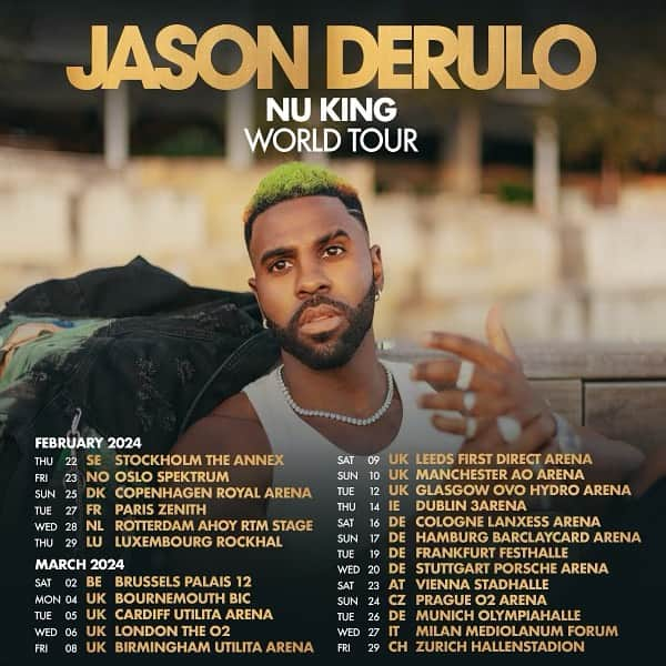 ジェイソン・デルーロのインスタグラム：「Nu King World Tour First dates!   See You Soon❤️‍🔥❤️‍🔥❤️‍🔥  Tickets on sale at 10am, local time, Friday, Sept 22nd」